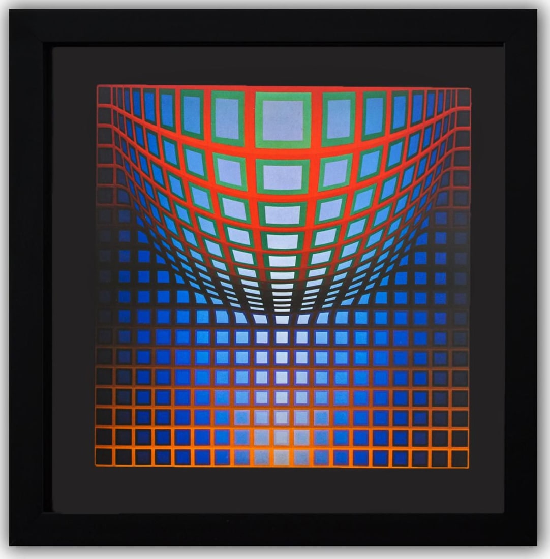 Victor Vasarely- Heliogravure Print "Kezdi - Vega": Artist: Victor Vasarely. Medium: Heliogravure Print. Title: Kezdi - Vega. Size: 10" x 10". Measures approx. 12" x 12" (framed). Additional: Custom Framed , 1975. Reference#: 21406.
