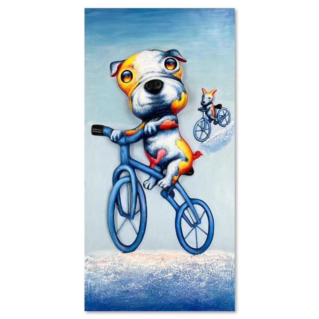 Wang, "Biking Brothers" Hand Painted Limited Edition Bas Relief Sculpture, Numbered 3/3, Hand Signed (1 of 4)
