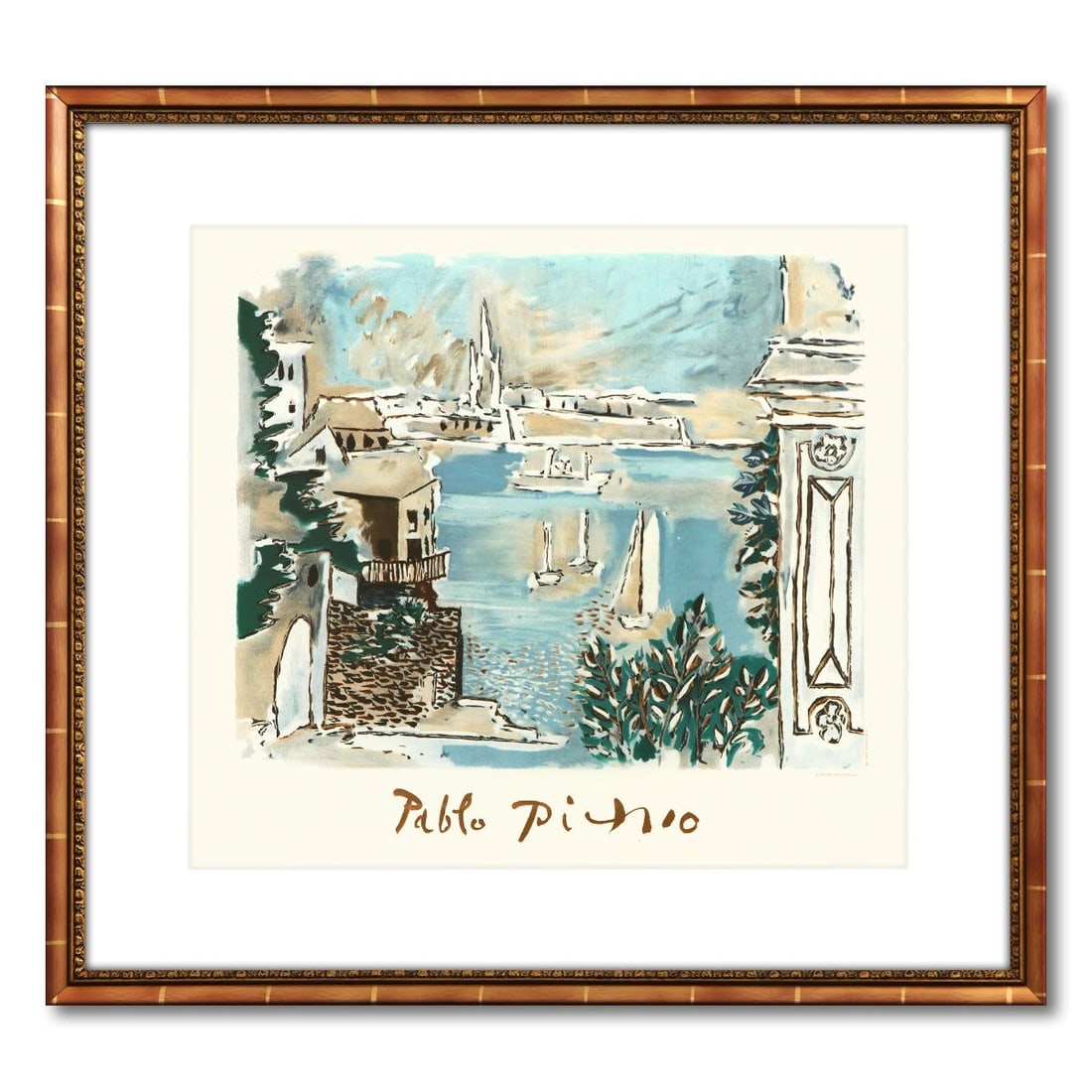 After Pablo Picasso- Lithograph on Arches Paper "Paysage de Dinard": Artist: After Pablo Picasso. Medium: Lithograph on Arches Paper. Title: Paysage de Dinard. Size: 21" x 24". Measures approx. 30" x 32" (framed). Signature: Plate Signed. Certificate of Authenticity: I