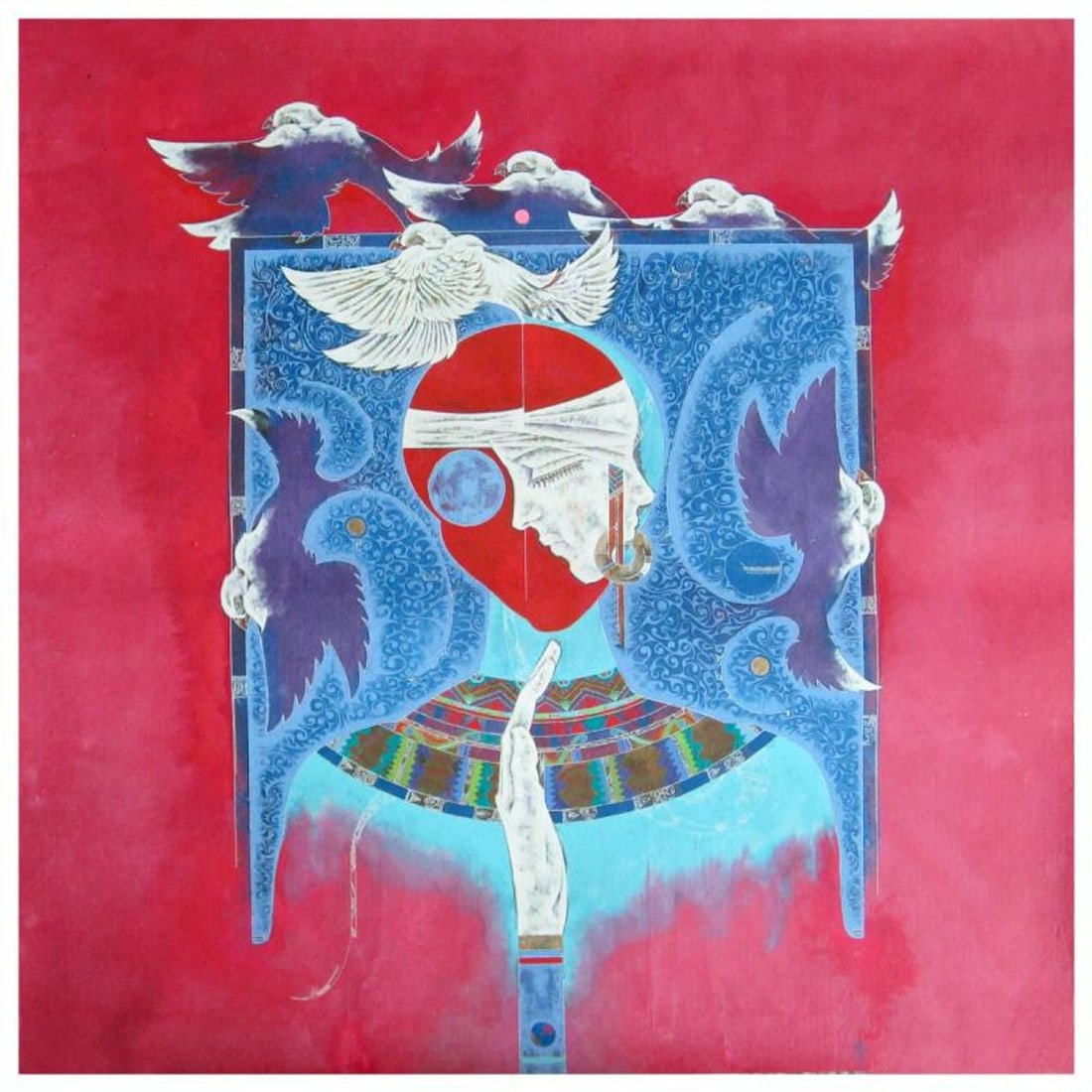 Lu Hong, "Cassandra 02" Original Mixed Media Painting, Hand Signed and with Letter of Authenticity.: Cassandra 02 (2003) is an original mixed media painting on paper by Lu Hong. Hand signed by the artist, the piece comes with a letter of authenticity. Measures approximately 35" x 34.5".
