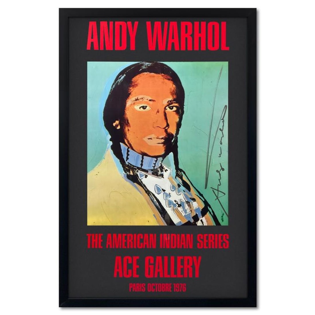 Andy Warhol (1928-1987), "The American Indian Series (Black)" Framed Vintage Poster (51" x 33") from: The American Indian Series is a vintage poster (1976) by Andy Warhol (1928-1987) from the Ace Gallery, Los Angeles, CA, hand signed by the artist. This piece comes custom framed. Includes Letter of Au