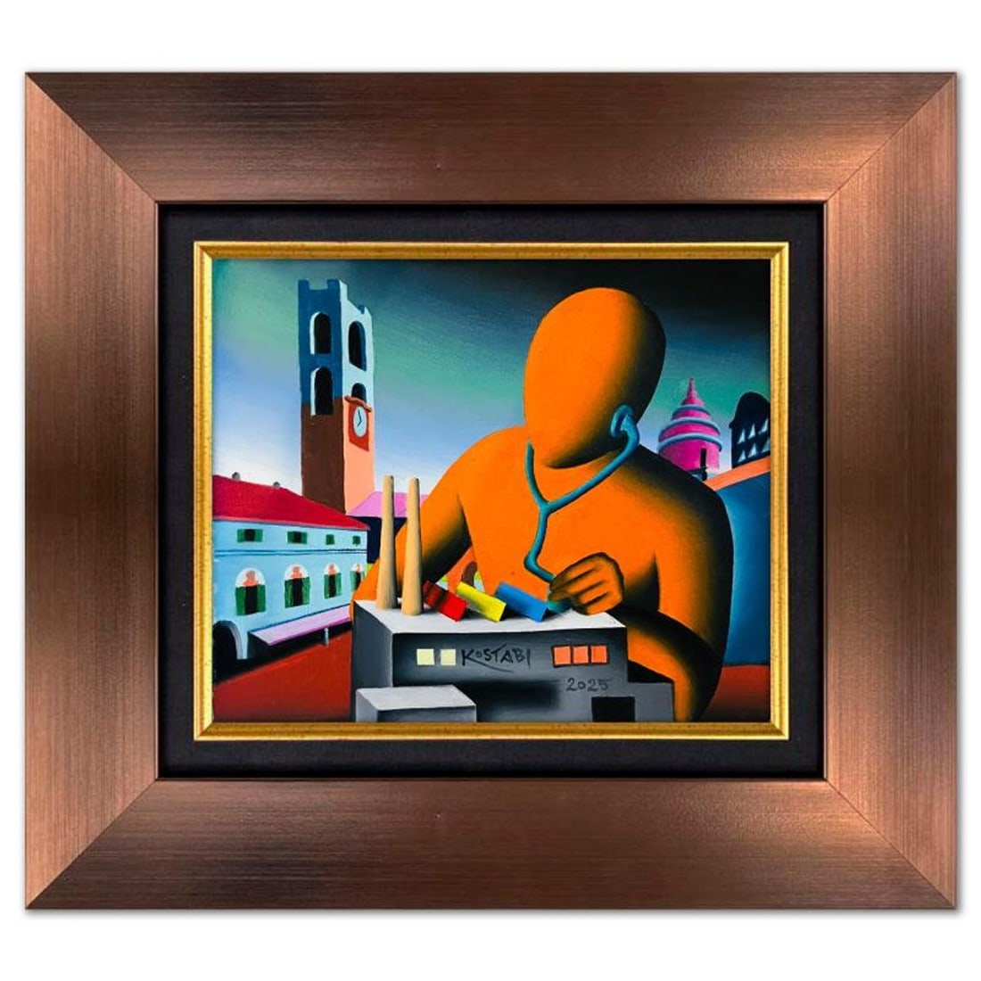 Mark Kostabi, "The Pulse of Progress" Framed Original Oil Painting on Canvas, Hand Signed with a: The Pulse of Progress is an original oil painting on canvas by Mark Kostabi, hand signed by the artist. This piece comes custom framed. Includes Certificate of Authenticity. Measures approx. 20" x 22"