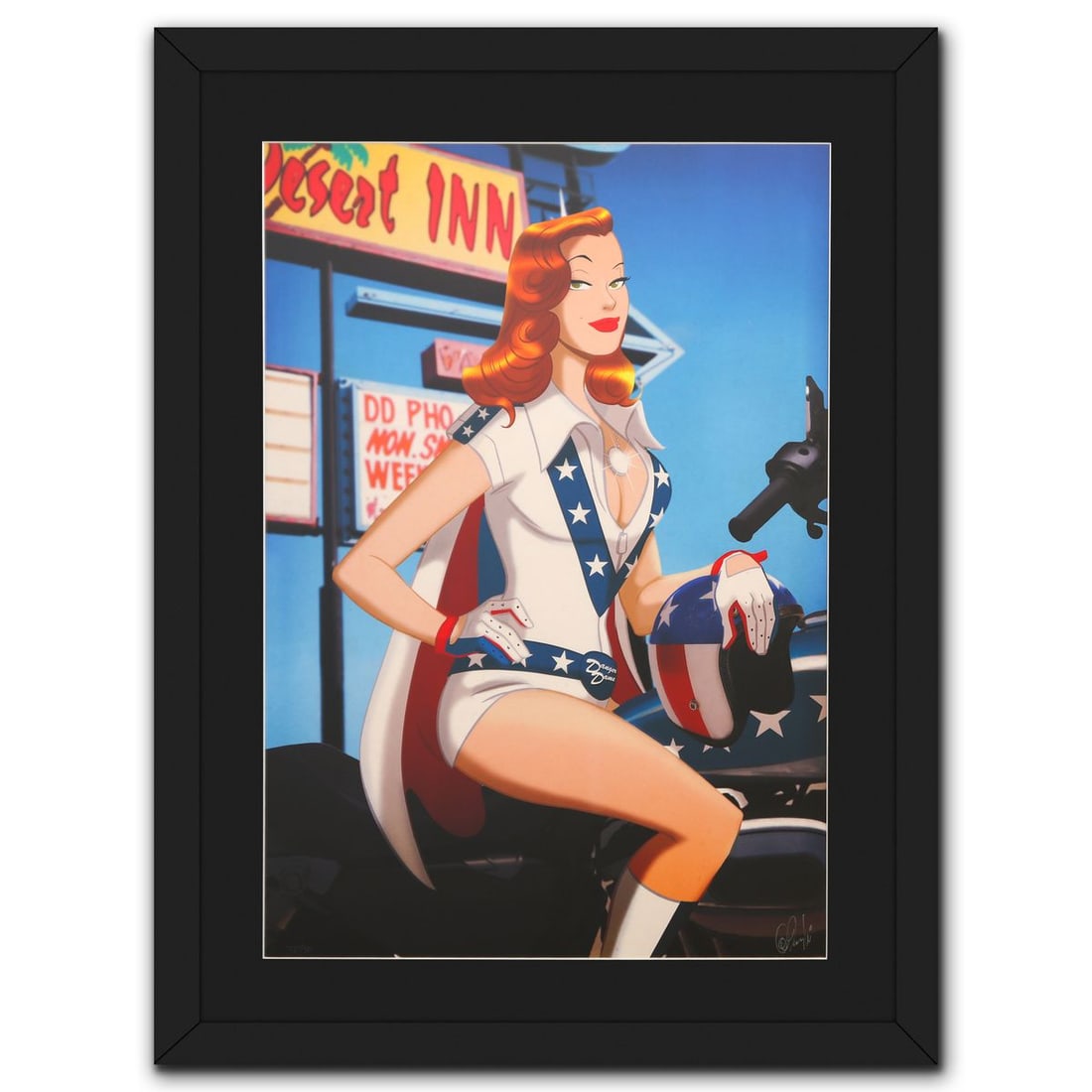 Des Taylor- Chromatic pigment ink on PhotoRag fine art paper "Danger Dame": Artist: Des Taylor. Medium: Chromatic pigment ink on PhotoRag fine art paper. Title: Danger Dame. Size: 29" x 21". Measures approx. 38" x 29" (framed). Signature: Hand signed and numbered. Certificate