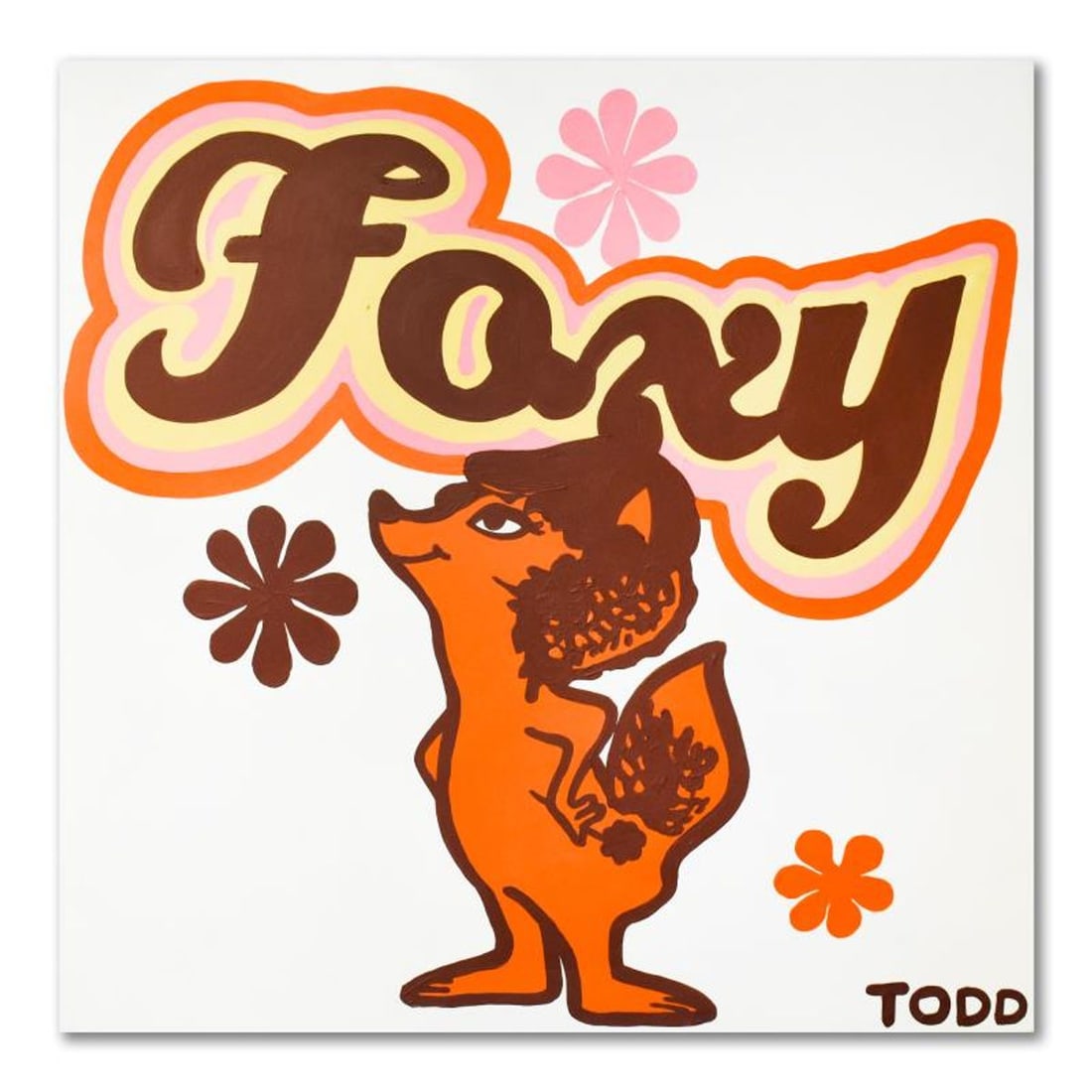 Todd Goldman, "Foxy" Original Acrylic Painting on Gallery Wrapped Canvas, Hand Signed with Letter of: Foxy is an original acrylic painting on canvas by Todd Goldman, hand signed by the artist. This piece comes gallery wrapped. Includes Letter of Authenticity. Measures approx. 48" x 48" (image). Please