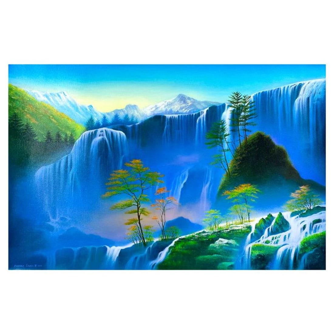 Richard Leung, "Mystical Falls" Original Oil Painting on Canvas, Hand Signed with a Letter of: Mystical Fallsis an original oil painting on canvas by Richard Leung, hand signed by the artist. Includes Letter of Authenticity. Measures approx. 24" x 36" (image).