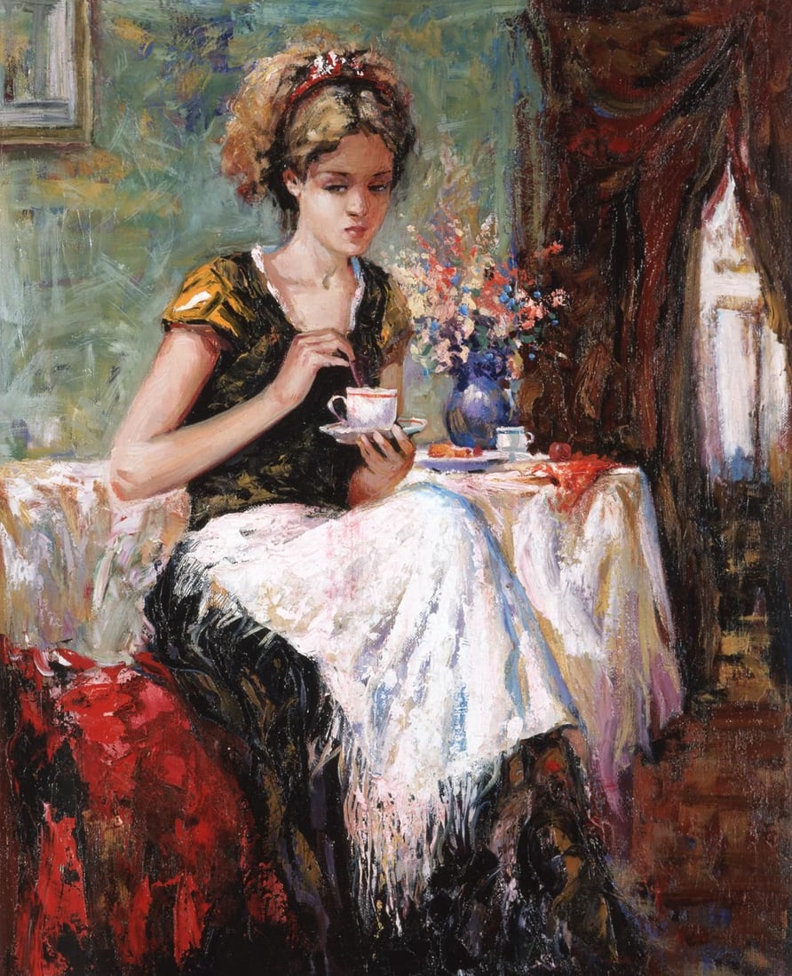 Igor Semeko- Original Giclee on Canvas "Cue of Tea": Artist: Igor Semeko. Medium: Original Giclee on Canvas. Title: Cue of Tea. Size: 30" x 24". Signature: Hand Signed by the Artist. Certificate of Authenticity: From the publisher. Reference#: 20860.