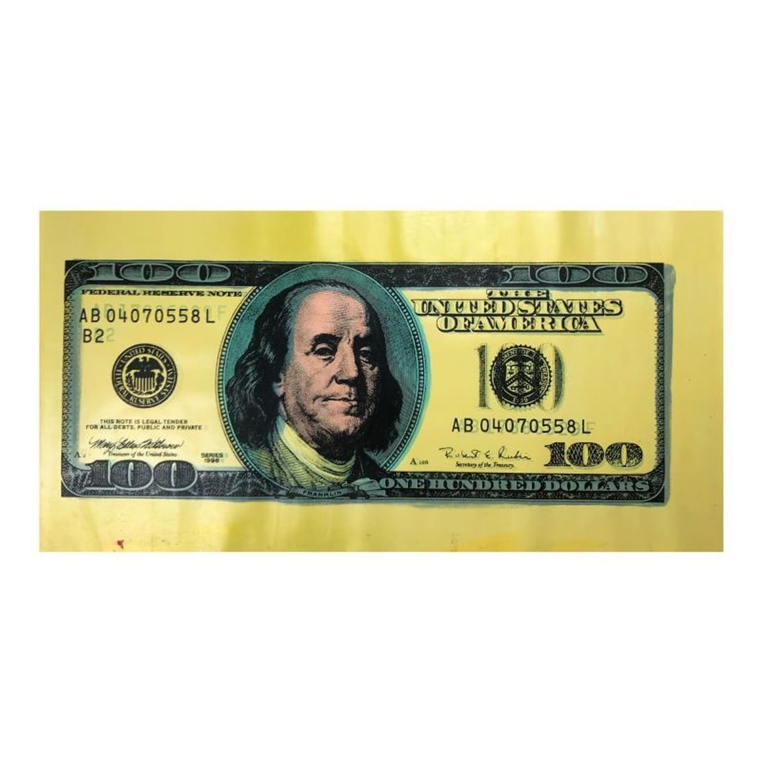 Steve Kaufman (1960-2010), "100 Dollar New Ben Bill" Hand Signed and Numbered Limited Edition Hand: 100 Dollar New Ben Bill is limited edition hand pulled silkscreen unique mixed media on canvas by Andy Warhol protege Steve Kaufman (1960-2010). This piece is numbered and hand signed inverso and incl
