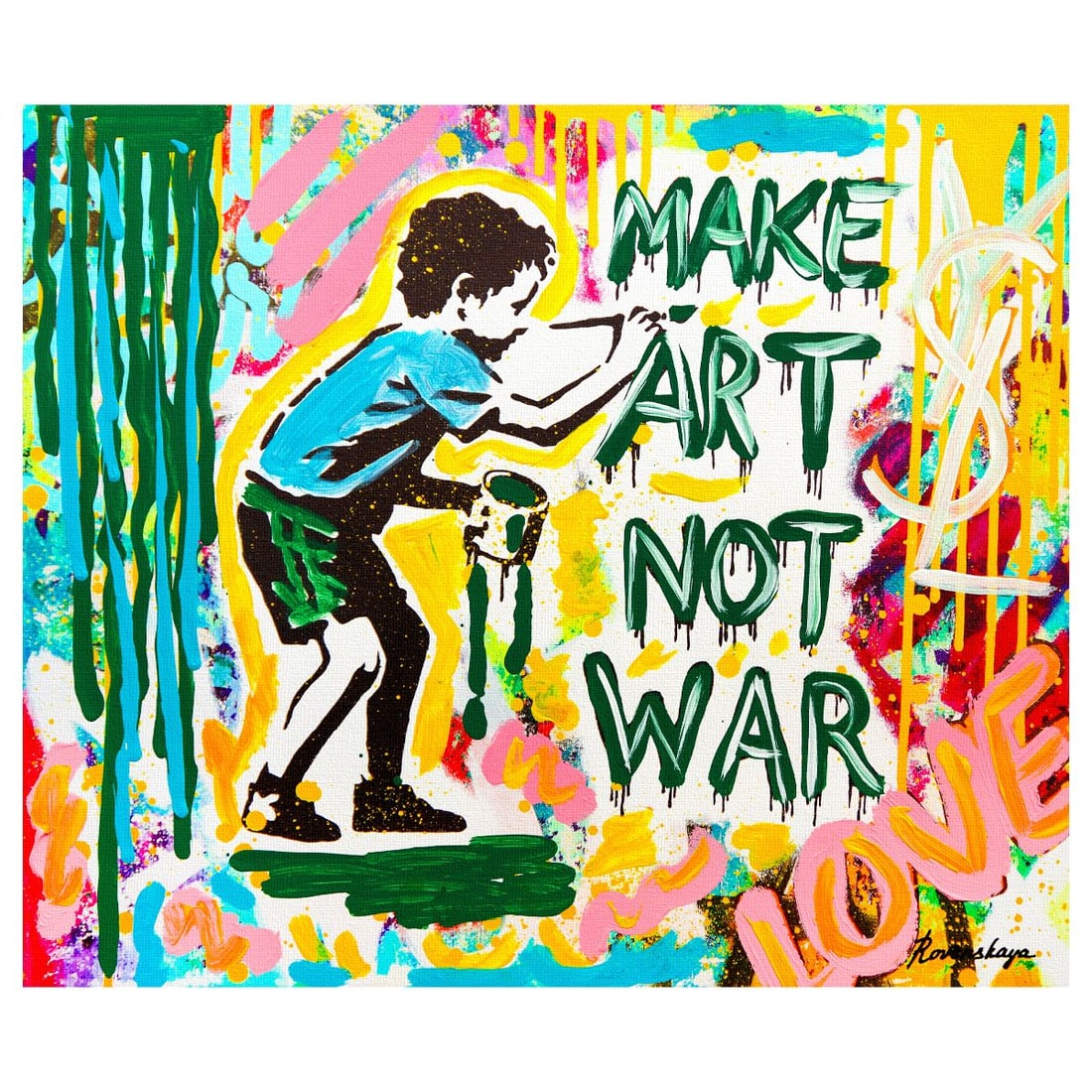 Nastya Rovenskaya- Mixed Media on Canvas "Spray It, Don't Say It": Artist: Nastya Rovenskaya. Medium: Mixed Media on Canvas. Title: Spray It, Don't Say It. Size: 20" x 24". Signature: Hand signed. Certificate of Authenticity: Is included.