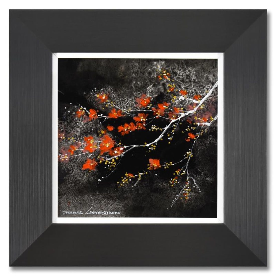 Thomas Leung, "Grisaille Blossoms" Framed Original Acrylic Painting on Canvas Board, Hand Signed: Grisaille Blossoms is an original acrylic painting on canvas board by Thomas Leung, hand signed by the artist. This piece comes custom framed. Includes Letter of Authenticity. Measures approx. 18.5" x