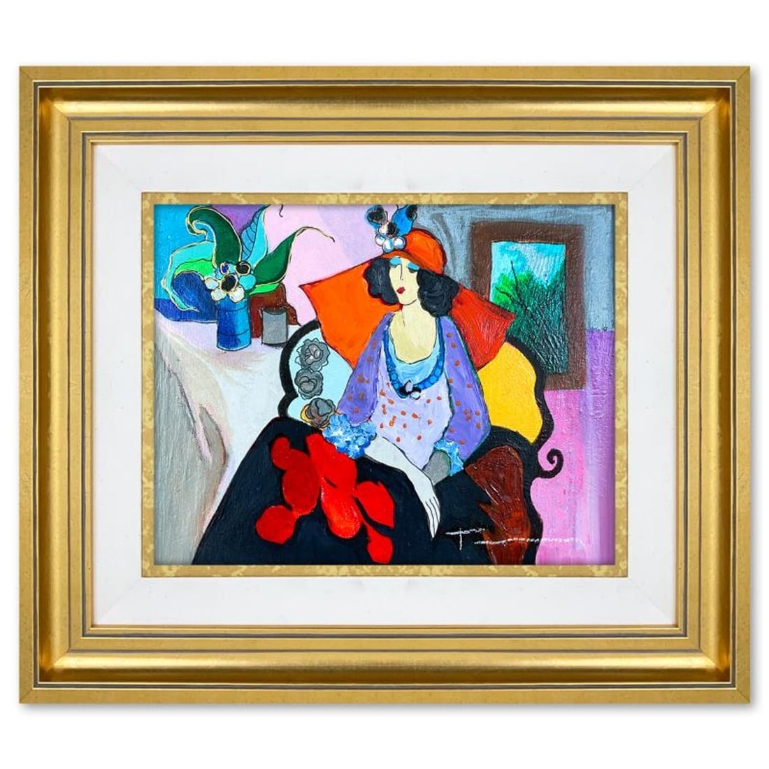 Itzchak Tarkay (1935-2012), "Red Hat" Framed One-of-a-Kind Mixed Media Over Paint on Wood, Hand (1 of 2)