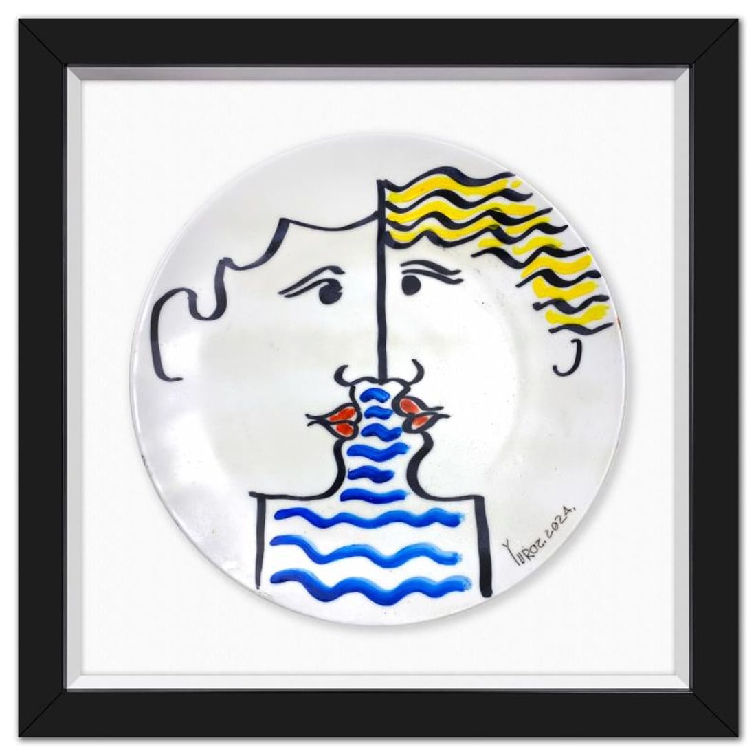 Yuroz, Framed Hand Painted Ceramic Plate, Hand Signed with Letter of Authenticity.: This is a hand painted ceramic plate by Yuroz, hand signed by the artist. This piece comes custom framed floated on linen. Includes Letter of Authenticity. Measures approx. 15.5" x 16" (frame), 11" (d