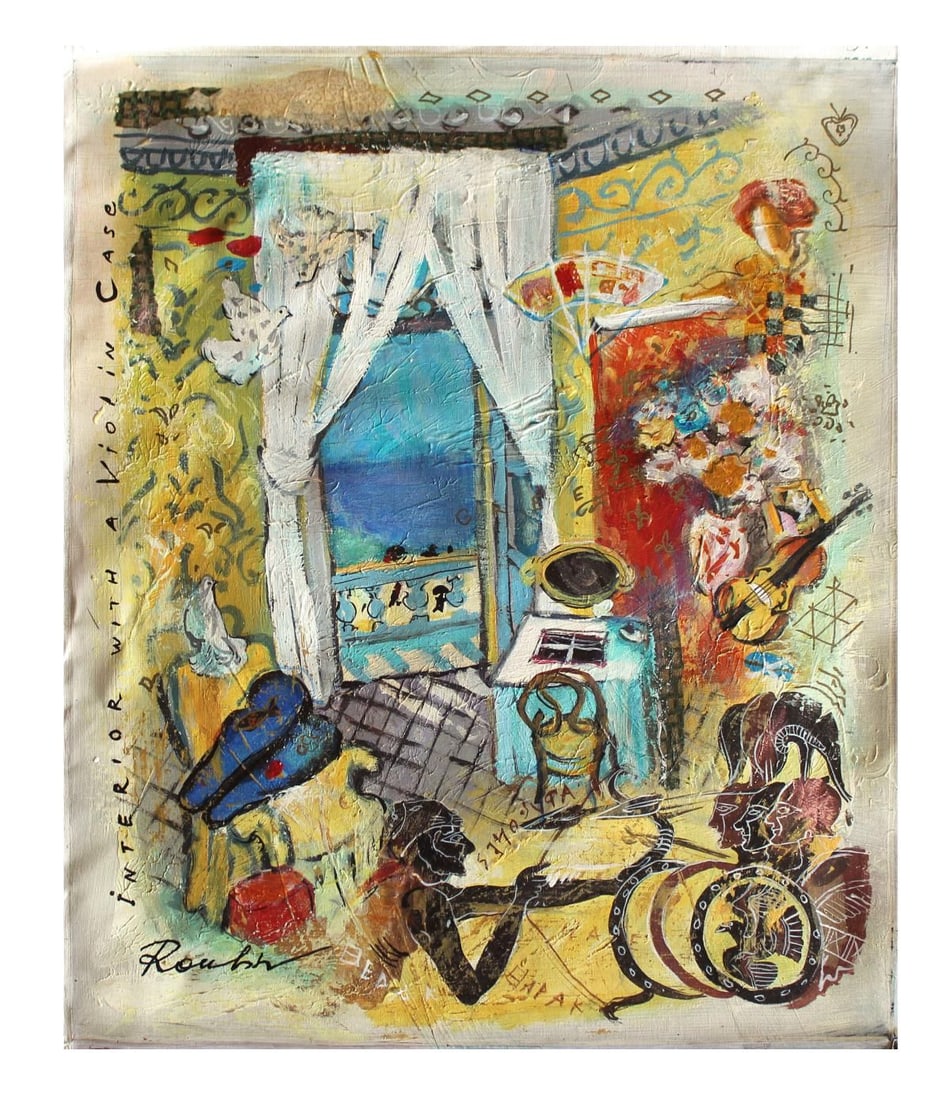 Olga Roubin- Original Acrylic On Canvas "Violin Case": Artist: Olga Roubin. Medium: Original Acrylic On Canvas. Title: Violin Case. Size: 23.5" x 19.5". Signature: Hand Signed by the Artist. Certificate of Authenticity: From the publisher. Reference#: 102