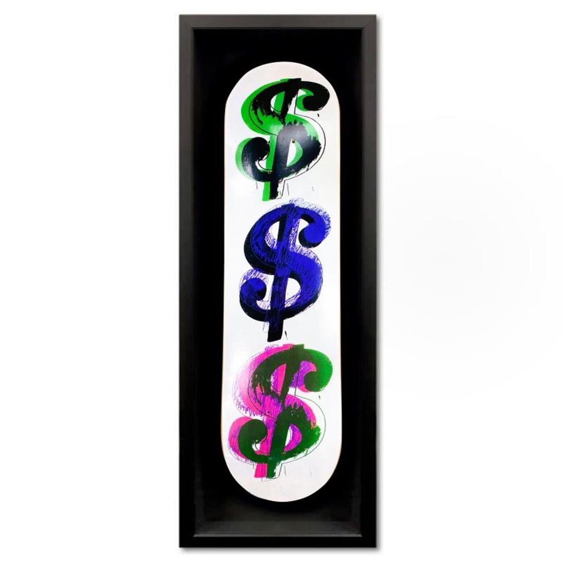 Warhol (1928-1987), "Dollar Sign, Solo B, 1982" Framed Skateboard, Plate Signed with Letter of: Dollar Sign, Solo B, 1982 is a skateboard by Warhol (1928-1987), bearing the plate signature of the artist inverso. This skateboard comes custom framed. Includes Letter of Authenticity. Measures appro