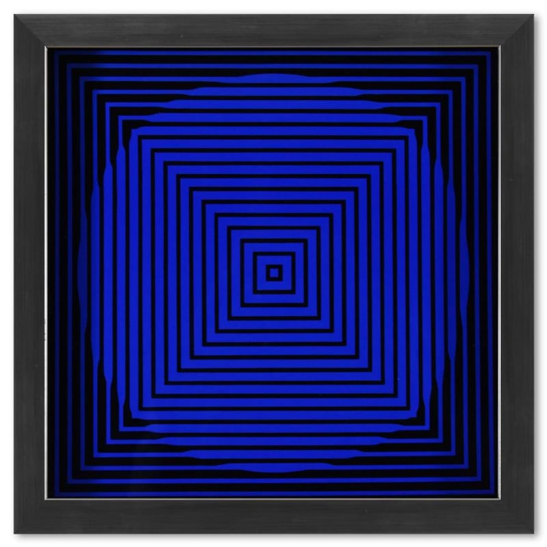 Victor Vasarely (1908-1997), "Beta de la serie Vonal" Framed 1971 Heliogravure Print with Letter of: Beta de la serie Vonal is a heliogravure print on paper, published in 1971, by Victor Vasarely (1908-1997). This piece comes custom framed, with a letter of authenticity and with a 1976 Vasarely paper