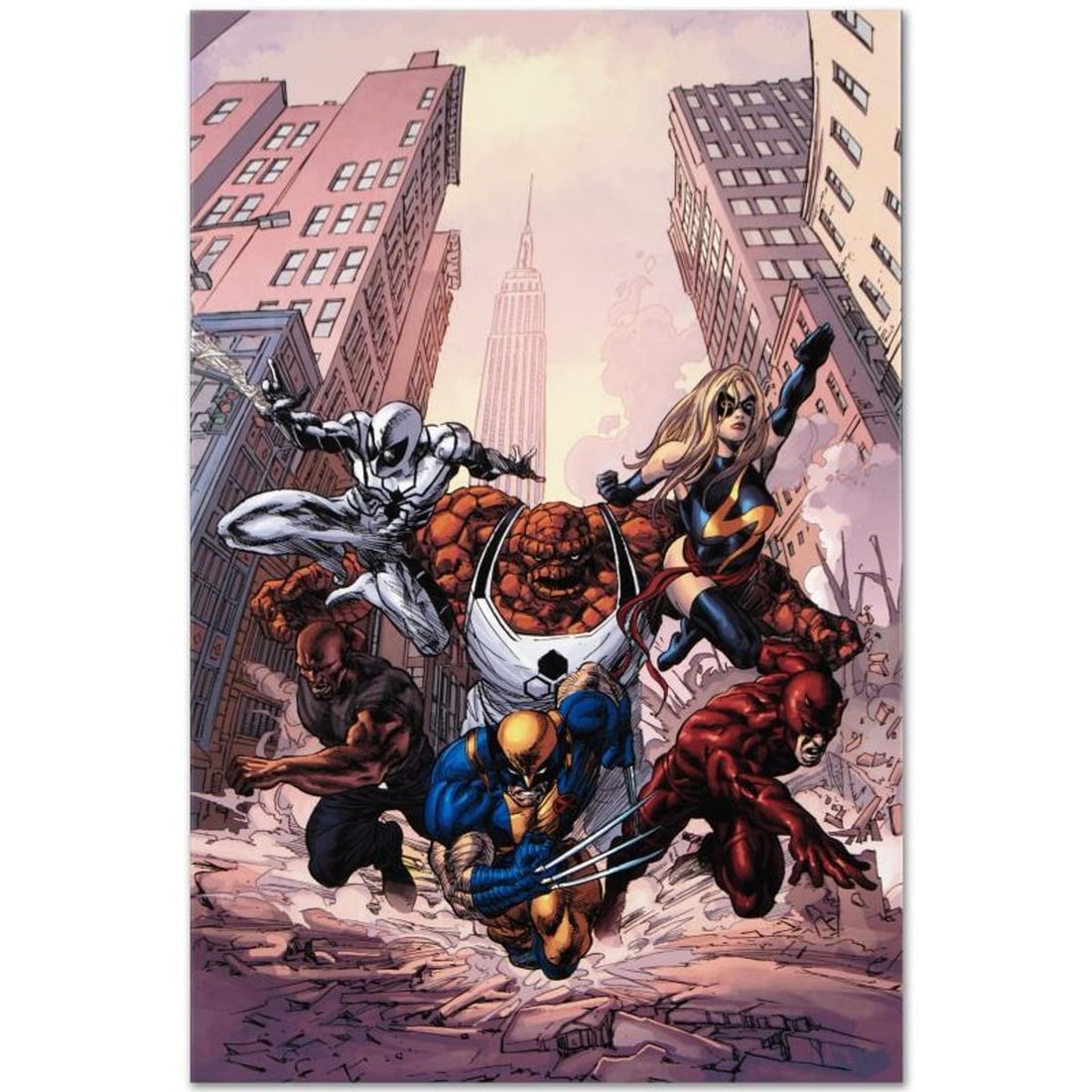 Marvel Comics "New Avengers #17" Numbered Limited Edition Giclee on Canvas by Mike Deodato Jr. with: A piece of comic book history, this limited edition, from original art by Mike Deodato Jr., depicts Wolverine, Daredevil, Thing, Luke Cage, Ms. Marvel, and Spider Man. Brazilian artist Mike Deodato Jr