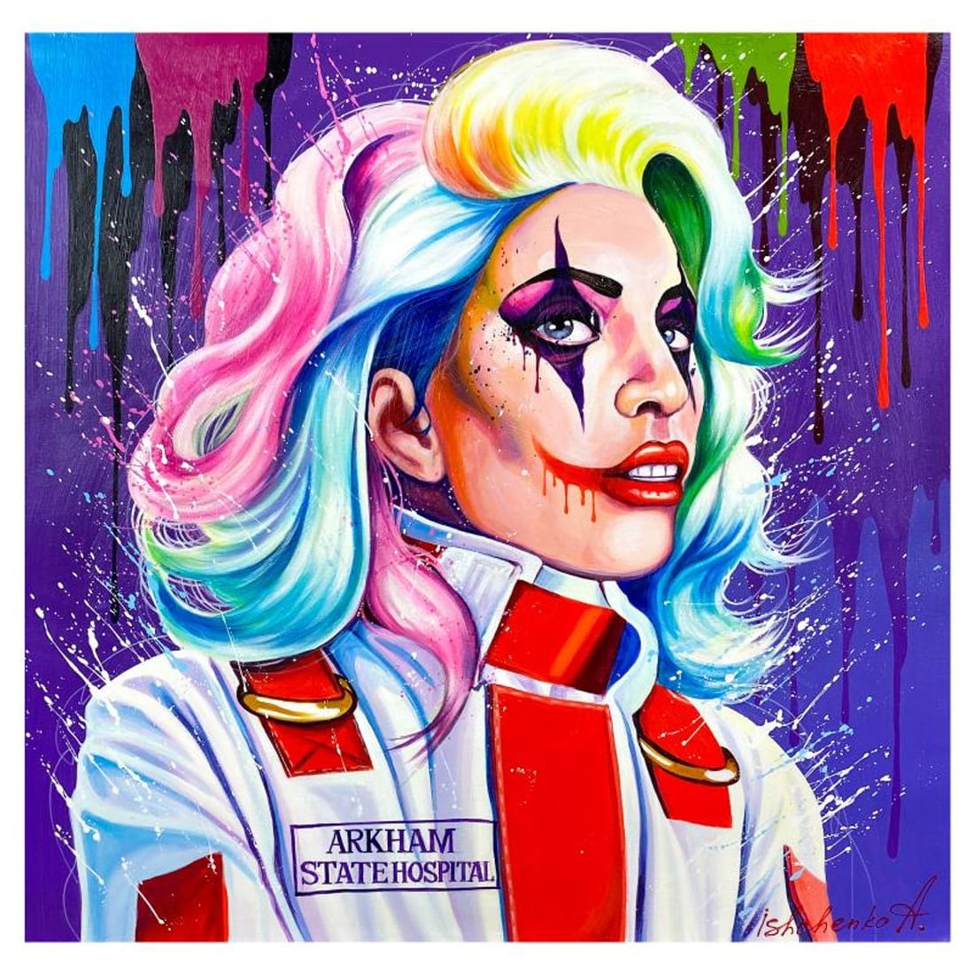 Alexander Ishchenko, "Harley Quinn" Original Acrylic Painting on Canvas, Hand Signed with Letter: Harley Quinn is an original acrylic painting on canvas by Alexander Ishchenko, hand signed by the artist. Includes Letter of Authenticity. Measures approx. 36" x 36" (image).