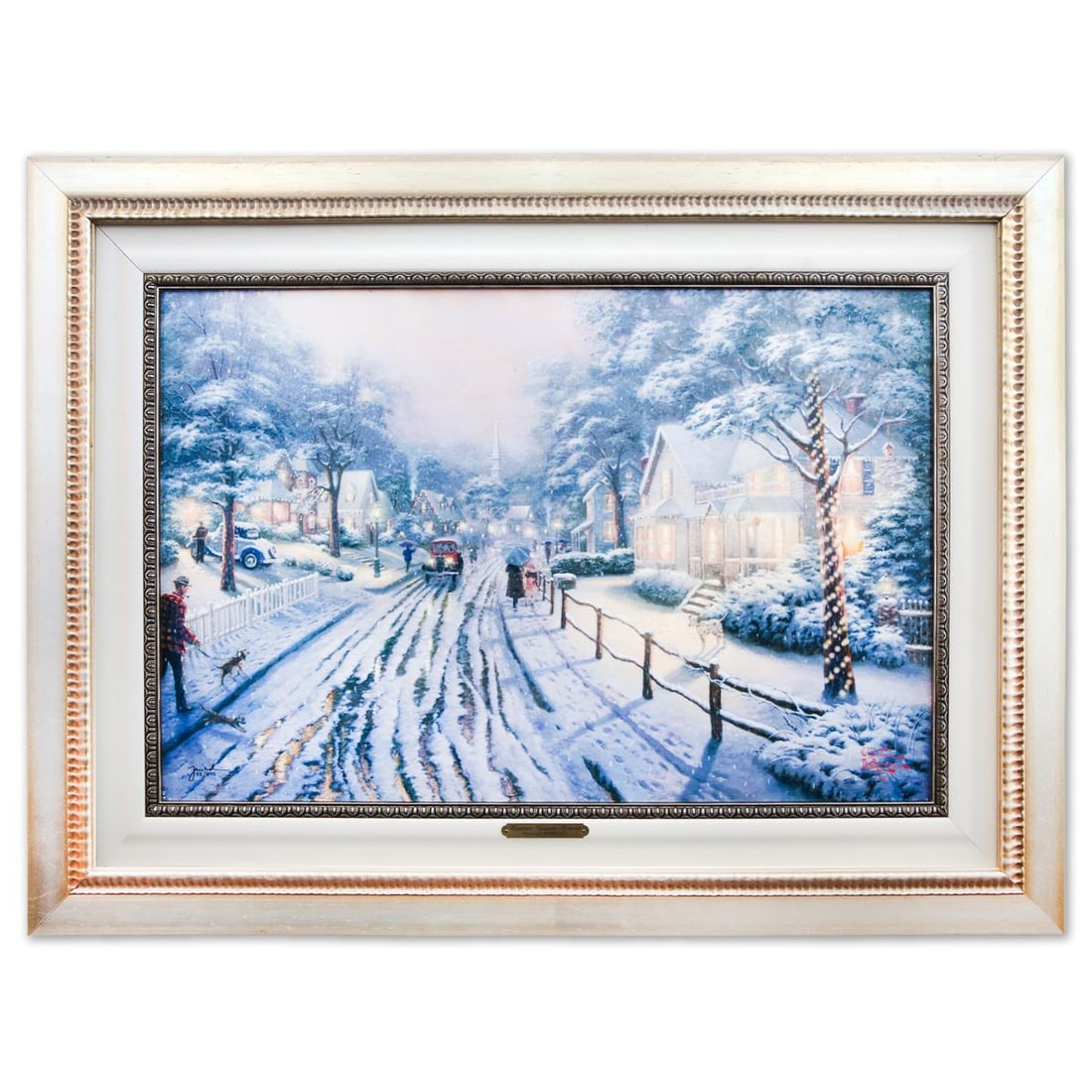 Thomas Kinkade- Hand Embellished Giclee on Canvas "Hometown Christmas Memories": Artist: Thomas Kinkade. Medium: Hand Embellished Giclee on Canvas. Title: Hometown Christmas Memories. Size: 17.5" x 26.5". Measures approx. 27" x 32" (framed). Signature: Hand signed and numbered. Ce