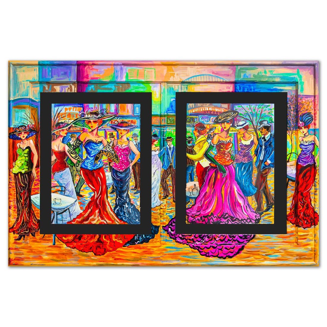 Patricia Govezensky- Original Watercolors with Hand Painted Frame "Cafe Society Gathering": Artist: Patricia Govezensky. Medium: Original Watercolors with Hand Painted Frame. Title: Cafe Society Gathering. Size: 15" x 11". Measures approx. 25" x 39" (framed). Signature: Hand Signed by the Ar