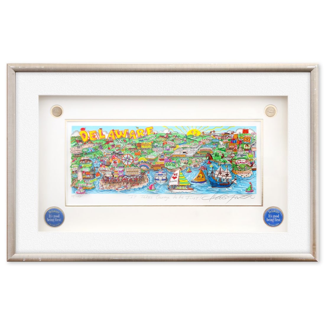 Charles Fazzino- 3D Construction Silkscreen Serigraph "It Takes Courage to be First!": Artist: Charles Fazzino. Medium: 3D Construction Silkscreen Serigraph. Title: It Takes Courage to be First!. Size: 8" x 18". Measures approx. 19" x 29" (framed). Signature: Hand Signed and numbered.