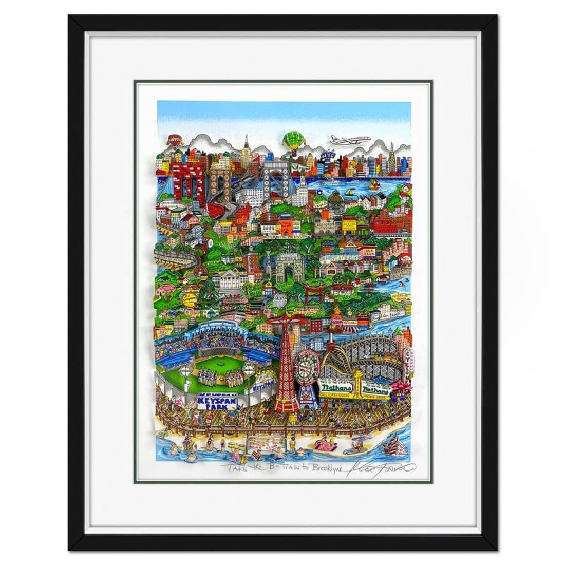 Charles Fazzino, "Take the B-Train to Brooklyn" Framed 3D Limited Edition Silk Screen, DX Numbered: Take the B-Train to Brooklyn is a 3D limited edition silk screen construct on paper by Charles Fazzino, DX numbered and hand signed by the artist. This piece comes custom framed. Includes Certificate 