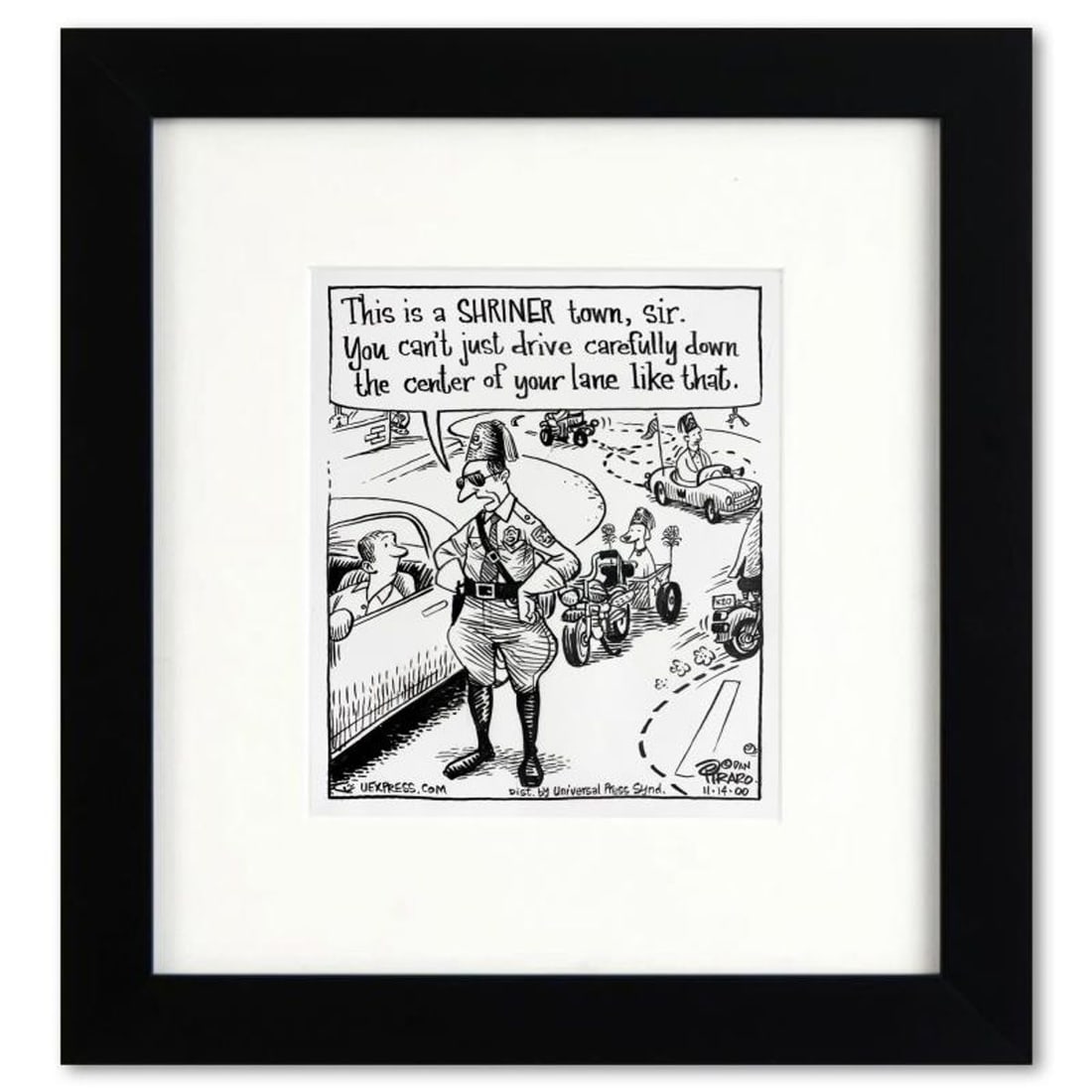 Bizarro, "Shriner Town" is a Framed Original Pen & Ink Drawing by Dan Piraro, Hand Signed with: Enter a surreal and satirical world of twisted imagination and award winning creativity. "Shriner Town" is an original pen & ink drawing on paper by Dan Piraro, creator of the critically acclaimed and