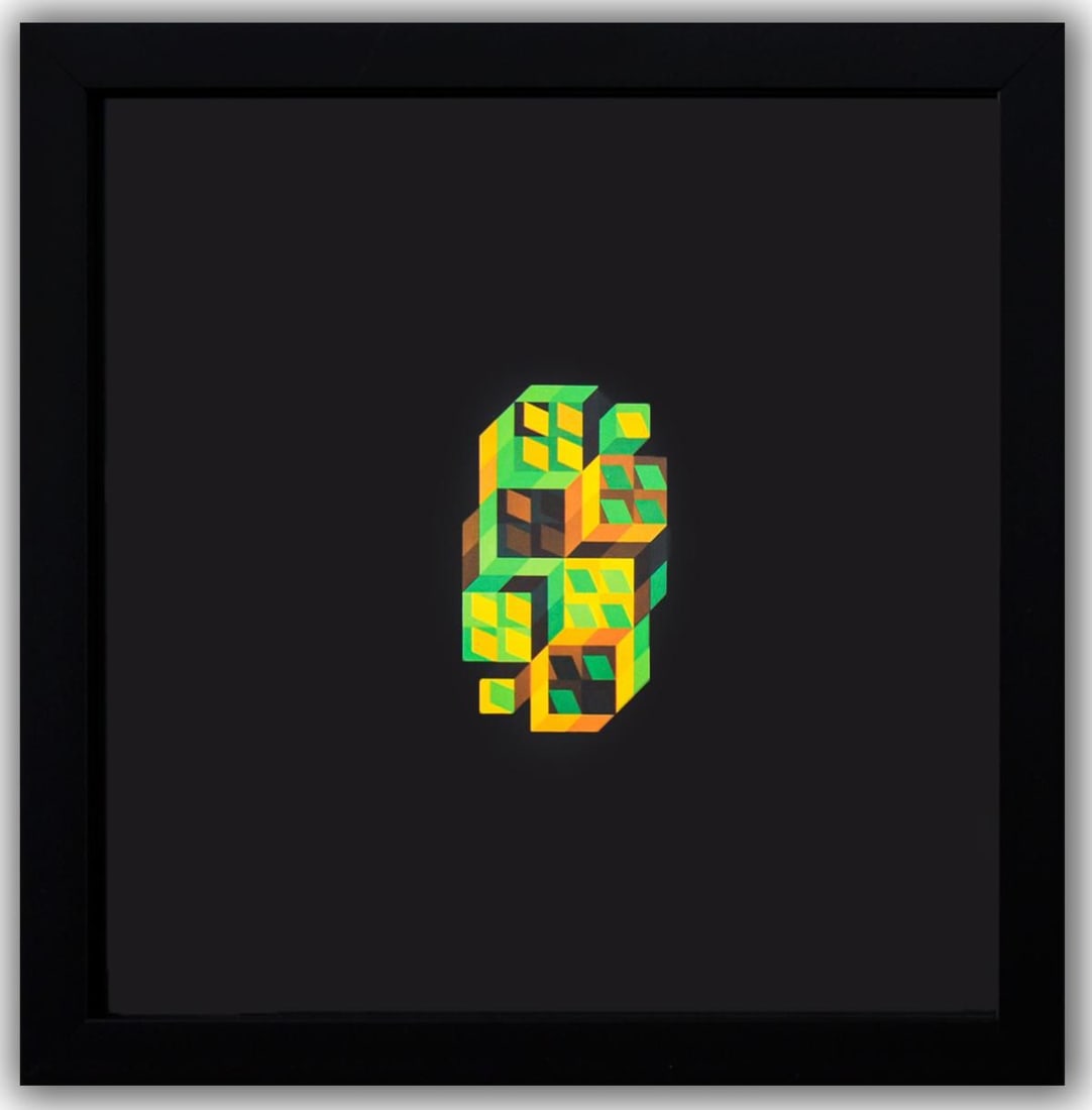 Victor Vasarely- Heliogravure Print "Tridim - P": Artist: Victor Vasarely. Medium: Heliogravure Print. Title: Tridim - P. Size: 10" x 10". Measures approx. 12" x 12" (framed). Additional: Custom Framed , 1971. Reference#: 21387.