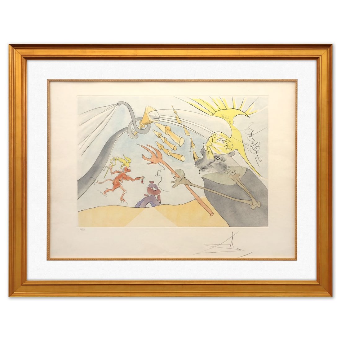 Salvador Dali- Original Lithograph "The Elephant and Jupiter's Monkey": Artist: Salvador Dali. Medium: Original Lithograph. Title: The Elephant and Jupiter's Monkey. Size: 21" x 29". Measures approx. 30" x 38" (framed). Signature: Hand signed and numbered. Certificate of 