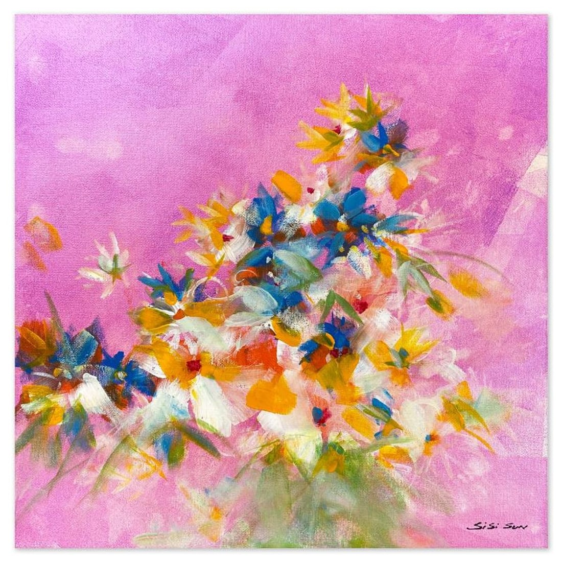 Sisi Sun, "Wild Flower" Original Acrylic Painting on Canvas Board, Hand Signed with Letter of: Wild Flower is an original acrylic painting on canvas board by Sisi Sun, hand signed by the artist. Includes Letter of Authenticity. Measures approx. 16" x 16" (image).