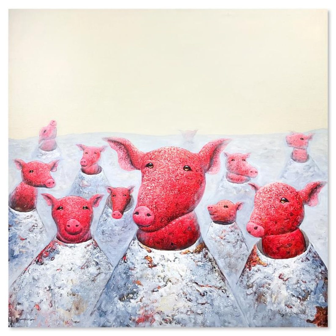 Wang, "Moon Pigs" Original Mixed Media Painting on Gallery Wrapped Canvas (55" x 55"), Hand Signed: Moon Pigs is an original mixed media painting on canvas by Wang, hand signed by the artist. This piece comes gallery wrapped. Includes Letter of Authenticity. Measures approx. 55" x 55" (image). There