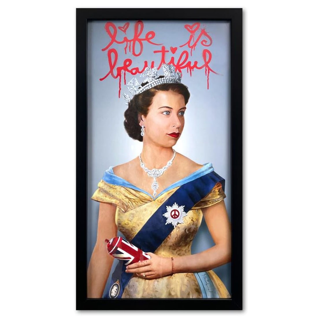 Mr. Brainwash, "Life is Beautiful" Custom Framed Plate Signed Offset Lithograph.: Life is Beautiful is an offset lithograph on paper by Mr. Brainwash, bearing the plate signature of the artist. This piece comes custom framed. Measures approx. 33" x 18.5" (frame), 31" x 16" (image).