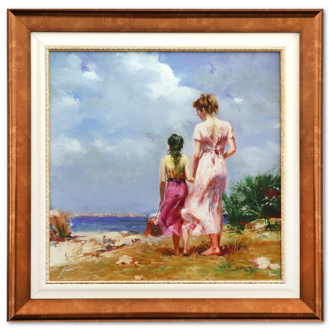 Pino (1939-2010)- Giclee on canvas "Hand in Hand": Artist: Pino (1939-2010). Medium: Giclee on canvas. Title: Hand in Hand. Size: 28" x 28". Measures approx. 38" x 38" (framed). Signature: Signed and numbered. Certificate of Authenticity: Is included.