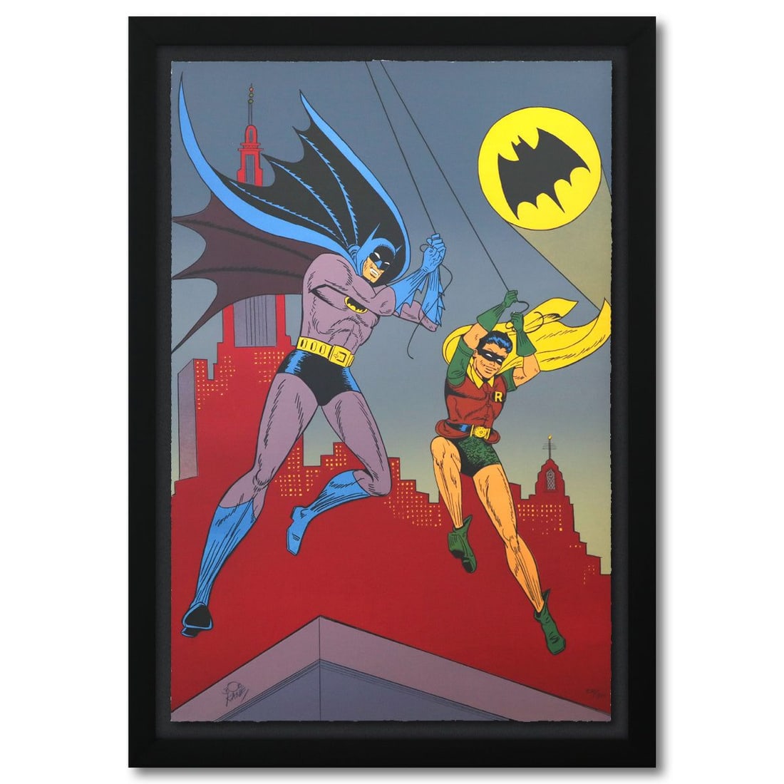 Bob Kane (1915-1998)- Original Lithograph "Batman and Robin": Artist: Bob Kane (1915-1998). Medium: Original Lithograph. Title: Batman and Robin. Size: 36" x 24". Measures approx. 41" x 29" (framed). Signature: This piece is numbered and hand signed by Bob Kane.