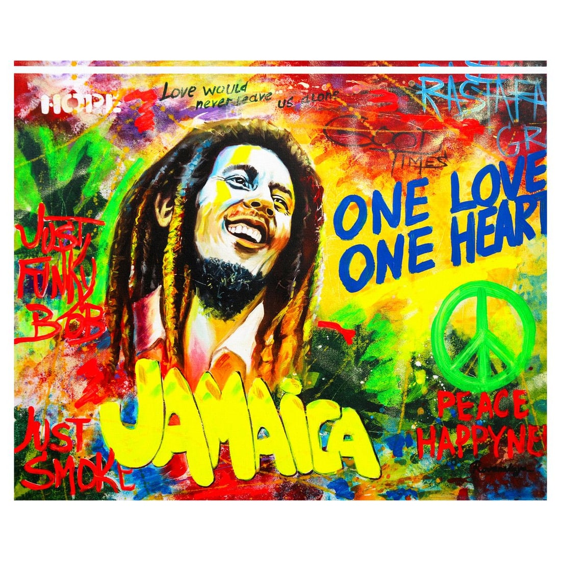 Nastya Rovenskaya- Mixed Media on Canvas "Bob Marley": Artist: Nastya Rovenskaya. Medium: Mixed Media on Canvas. Title: Bob Marley. Size: 24" x 30". Signature: Hand signed. Certificate of Authenticity: Is included. Reference#: 49443.