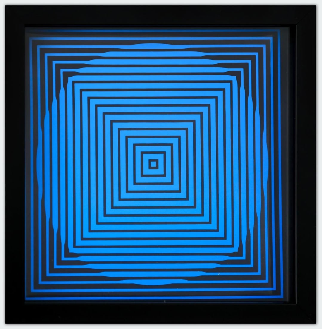 Victor Vasarely- Heliogravure Print "Untitled": Artist: Victor Vasarely. Medium: Heliogravure Print. Title: Untitled. Size: 10" x 10". Measures approx. 12" x 12" (framed). Additional: Custom Framed. Reference#: 21495.