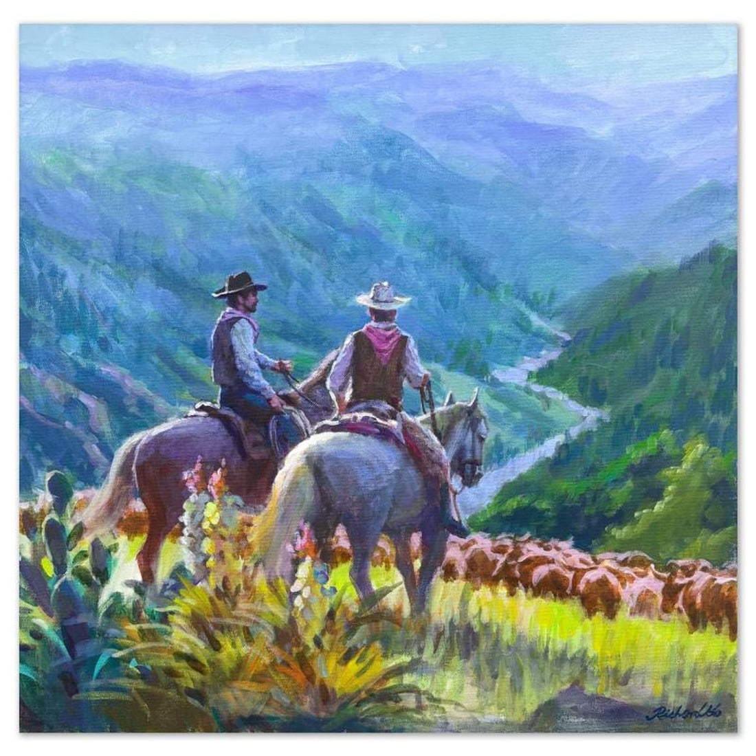 Richard Ho, "Montana" Original Acrylic Painting on Canvas, Hand Signed with Letter of Authenticity.: Montana is an original acrylic painting on stretched canvas by Richard Ho, hand signed by the artist. Includes Letter of Authenticity. Measures approx. 24" x 24" (image).