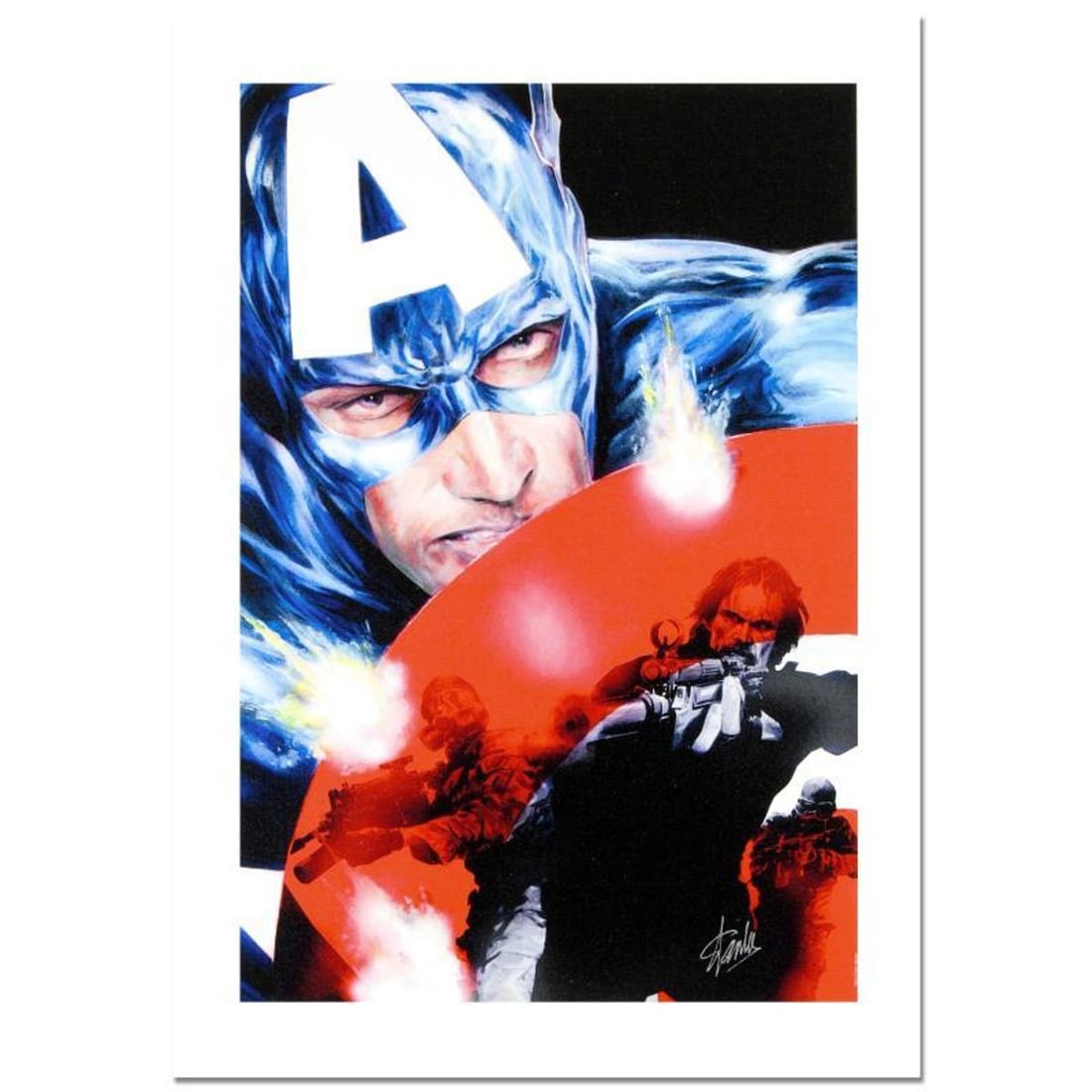 Stan Lee Signed, "Captain America #37" Numbered Marvel Comics Limited Edition Canvas by Jackson: A piece of comic book history, this limited edition print, drawn by Jackson Guice, depicts the heroic Captain America. Jackson Guice has been a prominent comic book artist since the 1980s, and during 