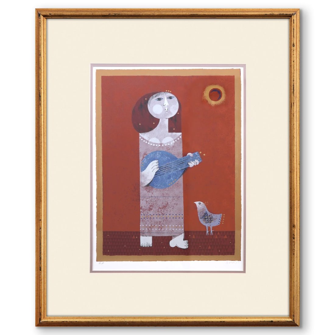 Samy Briss- Serigraph "Woman with bird and mandolin": Artist: Samy Briss. Medium: Serigraph. Title: Woman with bird and mandolin. Size: 22" x 16". Measures approx. 34" x 28" (framed). Signature: Signed and numbered. Certificate of Authenticity: Is includ