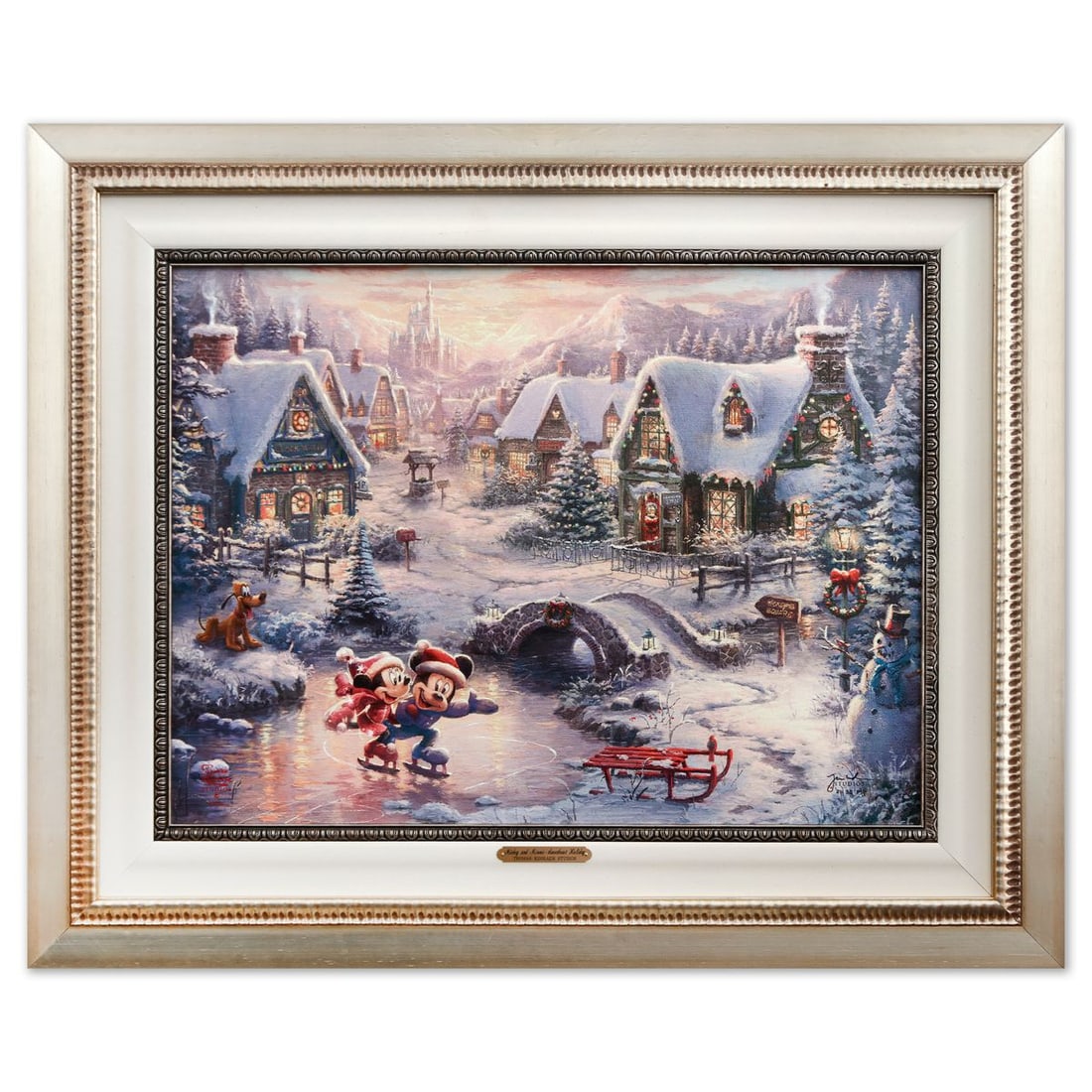 Thomas Kinkade- Hand Embellished Giclee on Canvas "Mickey and Minnie sweetheart Holiday": Artist: Thomas Kinkade. Medium: Hand Embellished Giclee on Canvas. Title: Mickey and Minnie sweetheart Holiday. Size: 17" x 24". Measures approx. 27" x 33" (framed). Signature: Hand signed and numbere