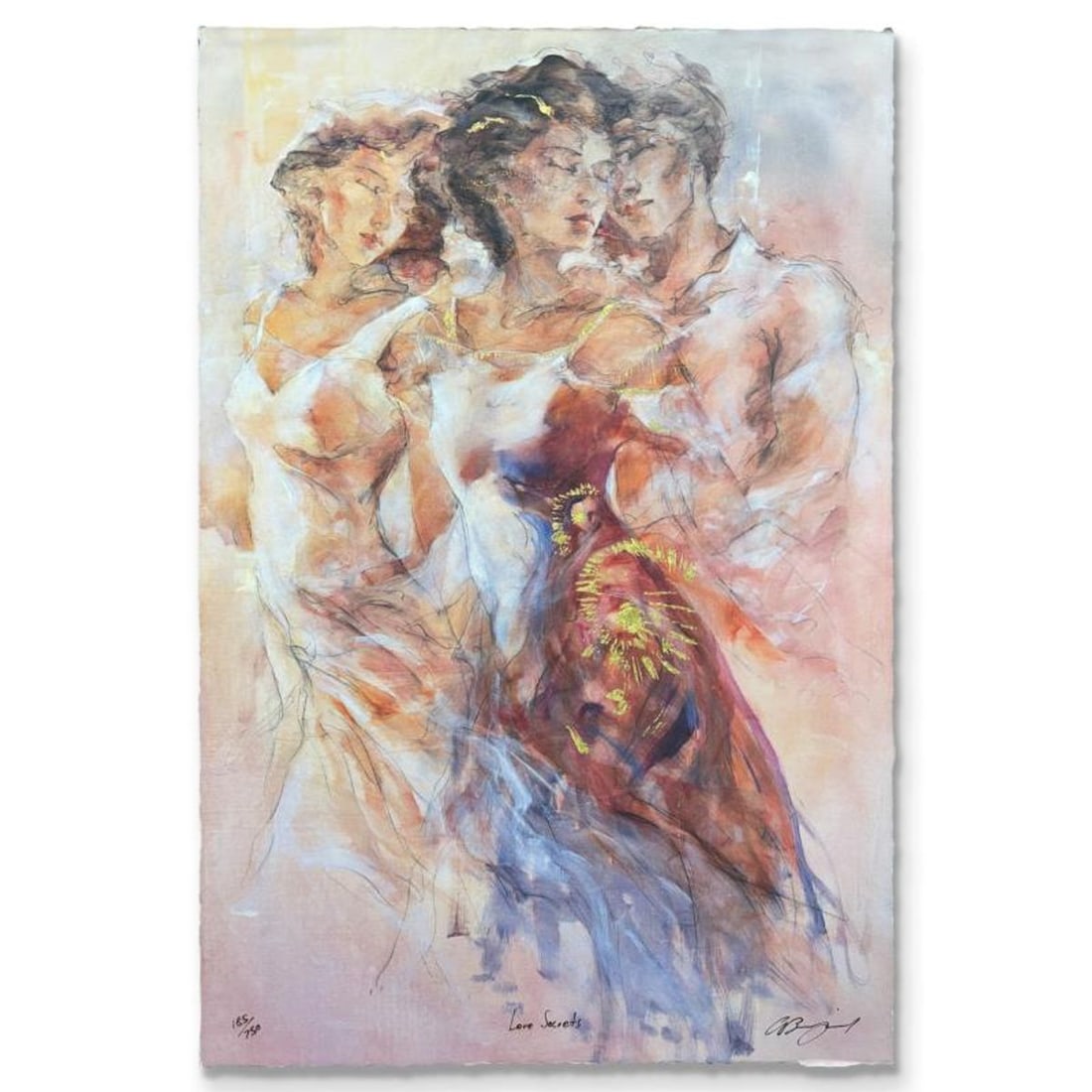 Gary Benfield, "Love Secrets" Limited Edition Serigraph, Numbered 185/750 and Hand Signed with: Love Secrets is a limited edition serigraph on deckle edge paper by Gary Benfield, numbered 185/750 and hand signed by the artist. Includes Certificate of Authenticity. Measures approx. 25" x 16.5" (i
