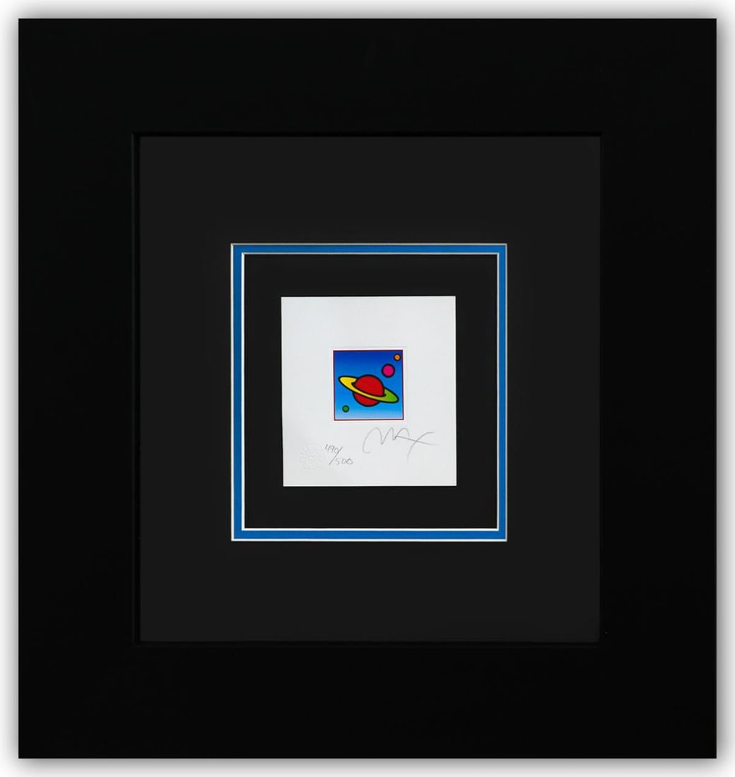 Peter Max- Original Lithograph "Cosmic Saturn": Artist: Peter Max. Medium: Original Lithograph. Title: Cosmic Saturn. Size: 5" x 4". Measures approx. 17" x 16" (framed). Signature: Hand Signed and Numbered by the artist. Certificate of Authenticity