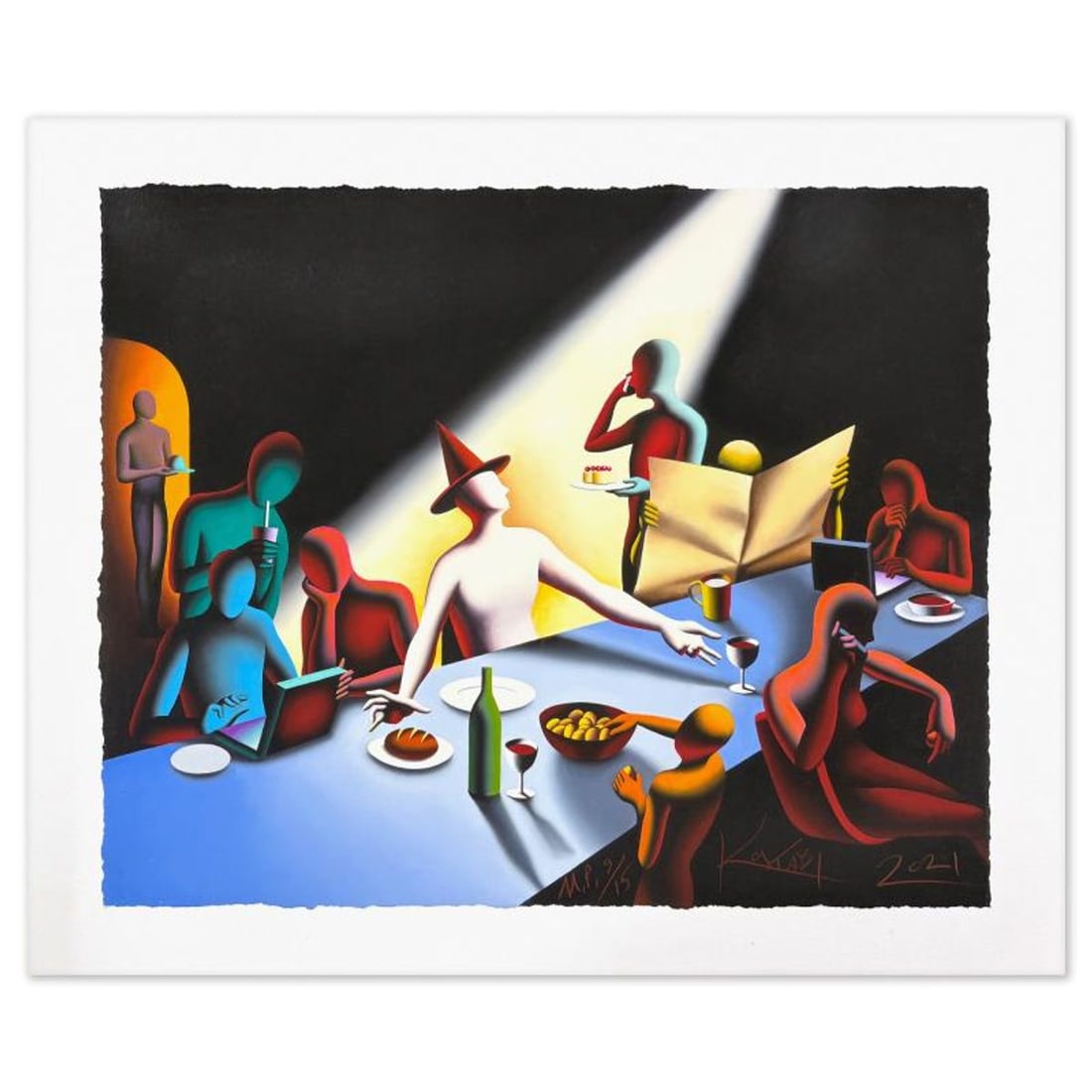 Mark Kostabi, "New Religion" Limited Edition, MP Numbered 9/15 and Hand Signed with Letter of: New Religion is a limited edition giclee on paper by Mark Kostabi, MP numbered 9/15 and hand signed by the artist. This piece comes matted. Includes Letter of Authenticity. Measures approx. 22.5" x 27
