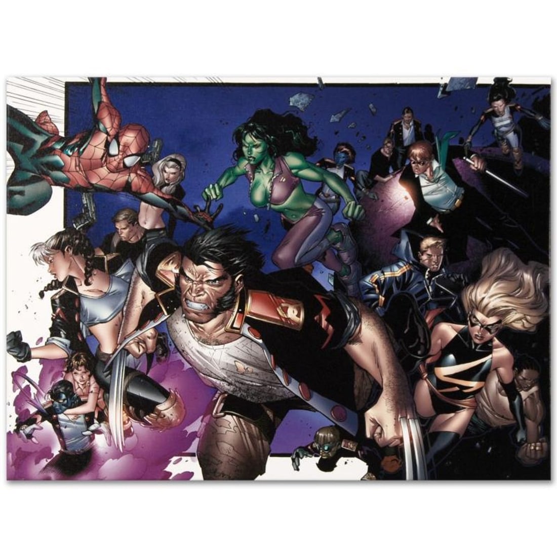 Marvel Comics "House of M #6" Numbered Limited Edition Giclee on Canvas by Oliver Coipel with COA.: A piece of comic book history, this limited edition, from original art by Oliver Coipel, depicts Spider-Man, She-Hulk, Warbird, and Wolverine among many other characters from the Marvel Universe. Oliv