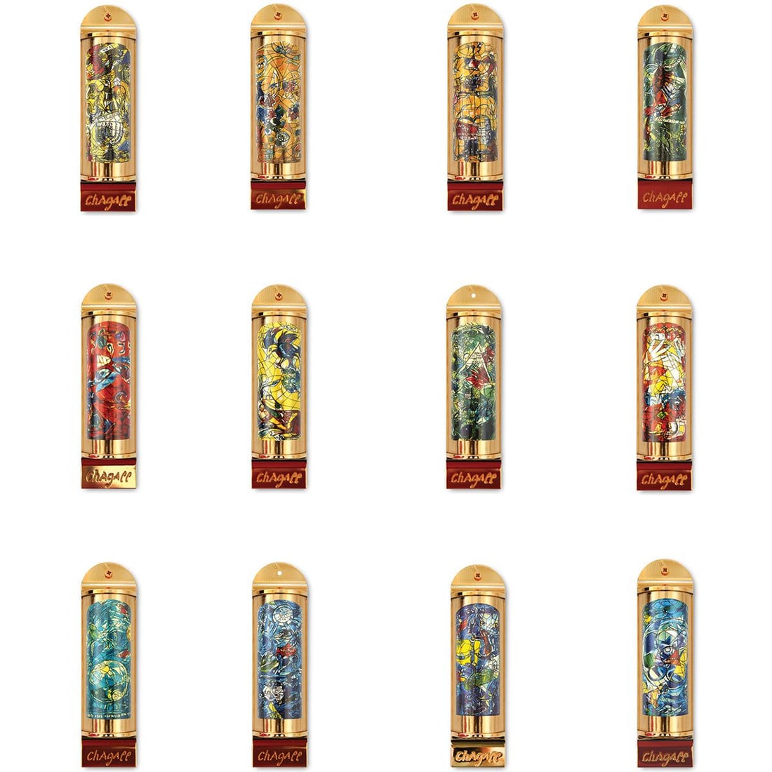 Marc Chagall- Mezuzah Set "12 Tribes of Israel": Artist: Marc Chagall. Medium: Mezuzah Set. Title: 12 Tribes of Israel. Size: 5.1" x 1.4". Certificate of Authenticity: Is included. Additional: Set of 12. Limited edition of 1800. Full color