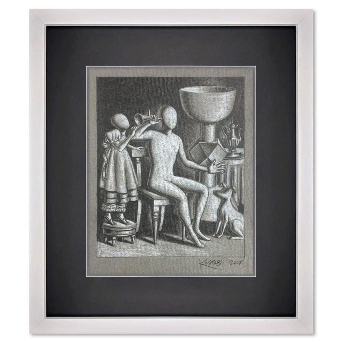 Mark Kostabi, "Mystical Moment" Framed Original Drawing on Paper, Hand Signed with Certificate of (1 of 3)