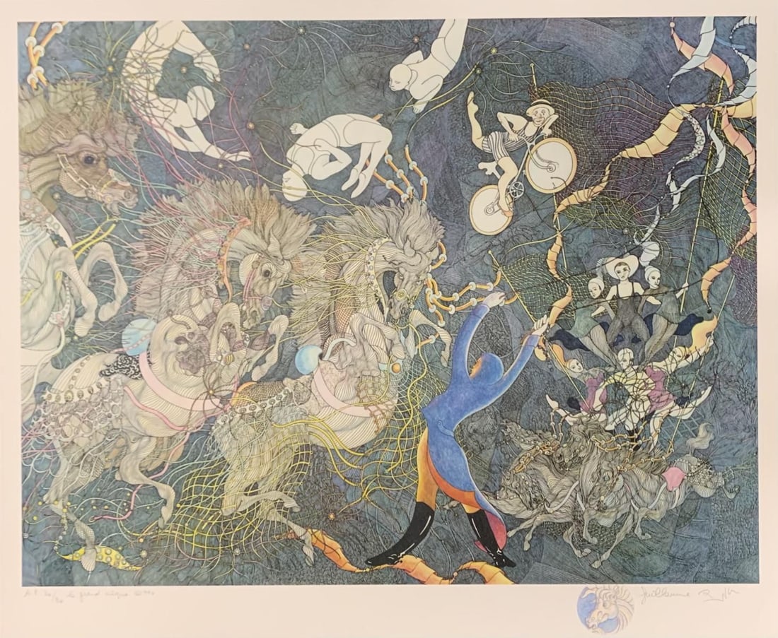 Guillaume Azoulay- Limited edition serigraph with hand drawn remarque "Le Grand Cirque": Artist: Guillaume Azoulay. Medium: Limited edition serigraph with hand drawn remarque. Title: Le Grand Cirque. Size: 30" x 40". Signature: Signed. Reference#: 44299.
