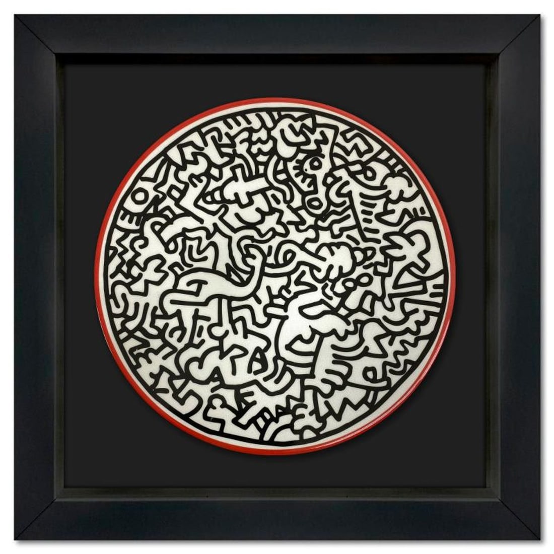 Keith Haring (1958-1990), "Pattern" Framed Limoges Porcelain Plate.: Pattern is a Limoges porcelain plate bearing the plate signature inverso of Keith Haring (1958-1990). This plate is custom framed and floated on linen. Measures approx. 13.5" x 13.5" (frame), 8.5" (pl