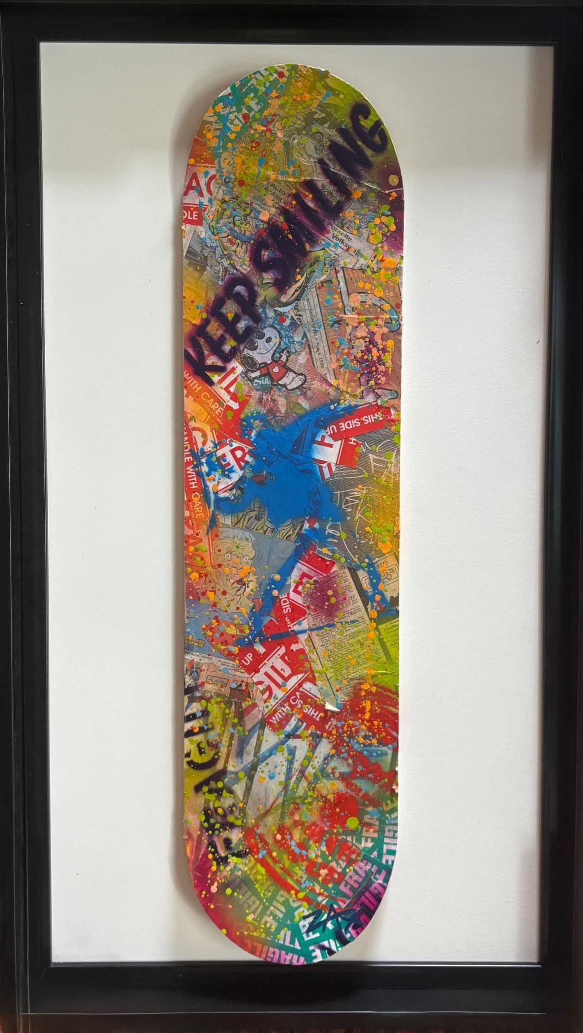 E.M. Zax- original 1/1 collage: Artist: E.M. Zax. Medium: original 1/1 collage. Measures approx. 24" x 36" (framed). Signature: Signed. Additional: Paints and stencil on wood skateboard deck. Reference#: 33390.