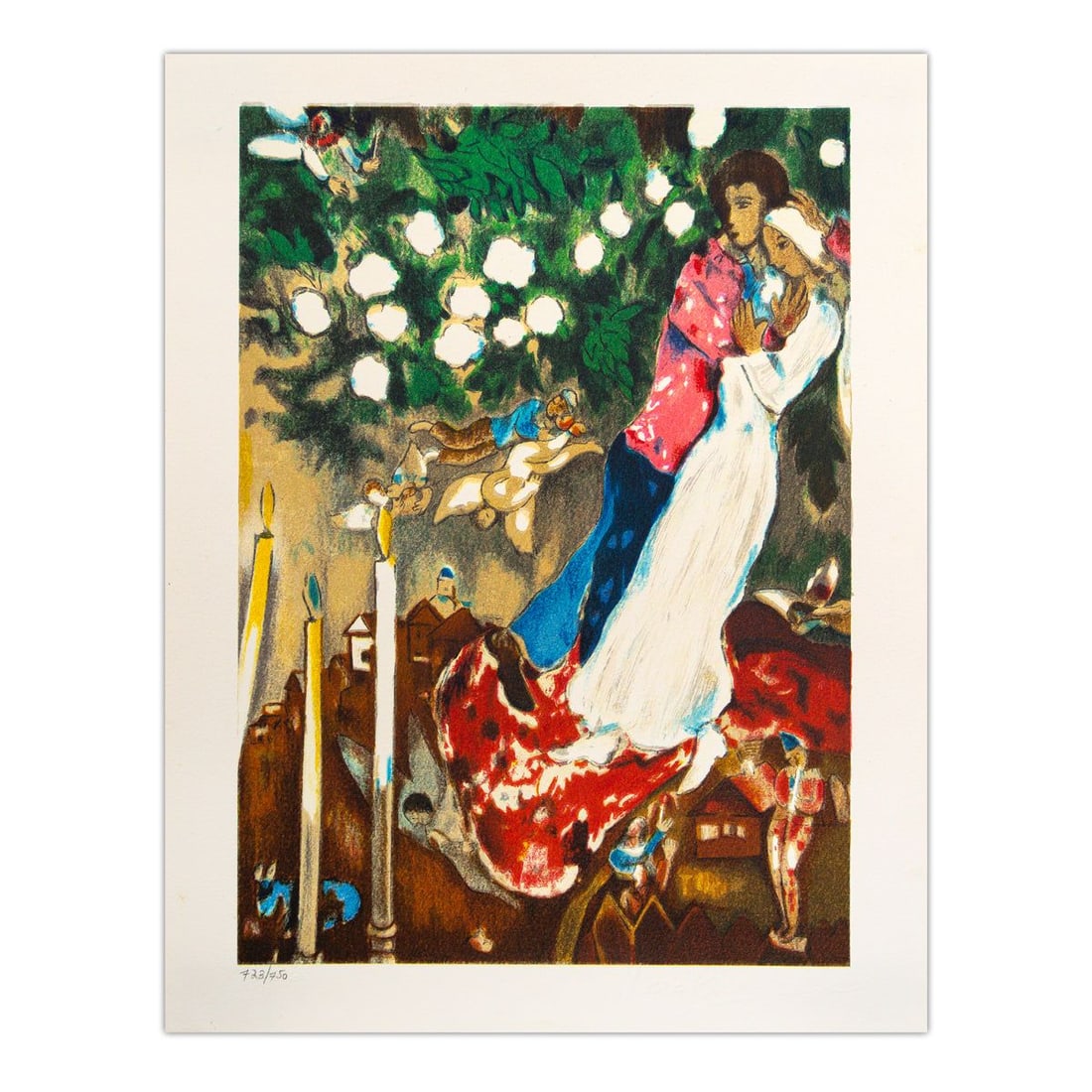 Marc Chagall- Lithograph "Les Trois Cierges": Artist: Marc Chagall. Medium: Lithograph. Title: Les Trois Cierges. Size: 15.5" x 12". Signature: Stamp signed and numbered. Certificate of Authenticity: Is included. Additional: Printed by Atelier Mo