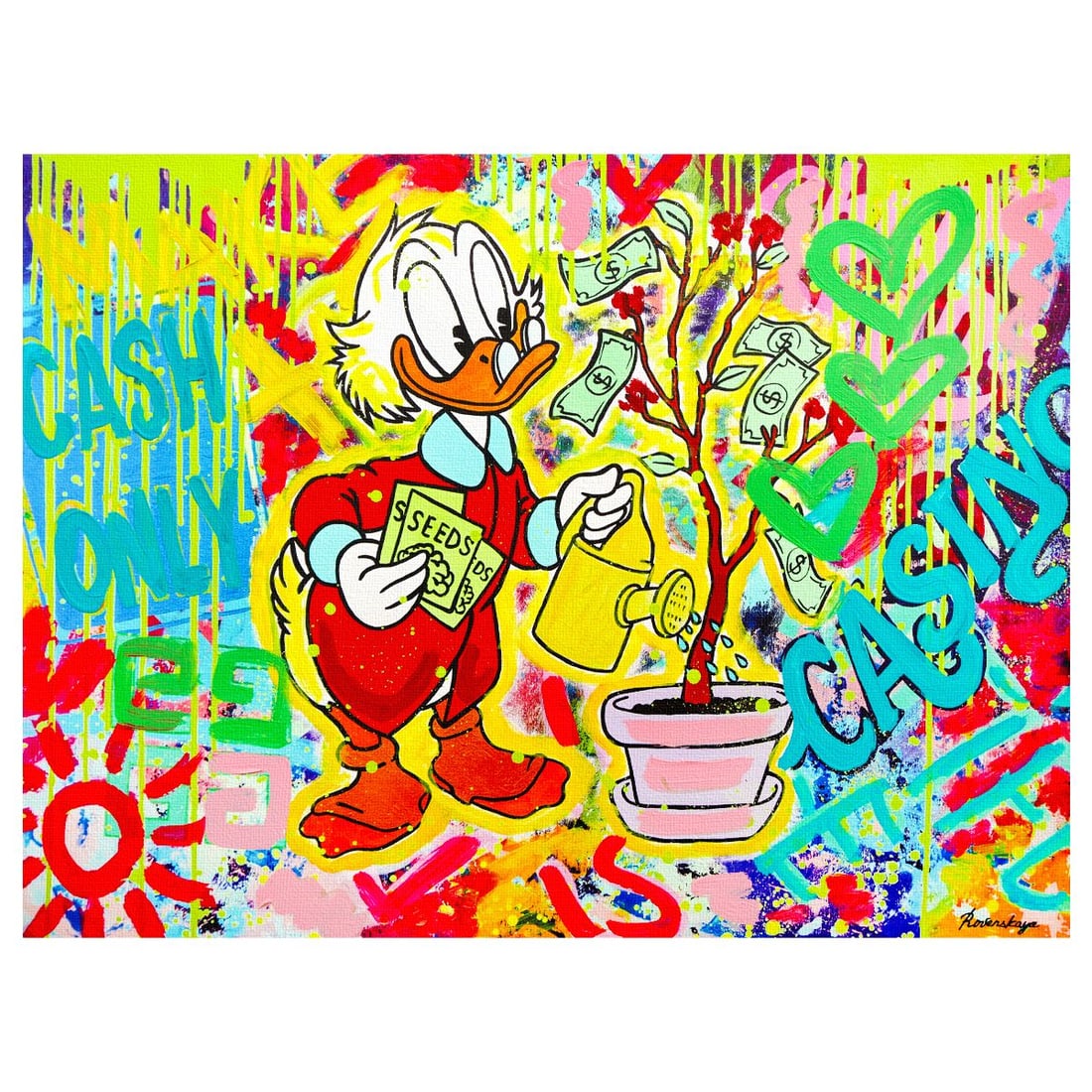 Nastya Rovenskaya- Mixed Media on Canvas "Cartoon Rebels": Artist: Nastya Rovenskaya. Medium: Mixed Media on Canvas. Title: Cartoon Rebels. Size: 30" x 40". Signature: Hand Signed. Certificate of Authenticity: Is included. Reference#: 30201.