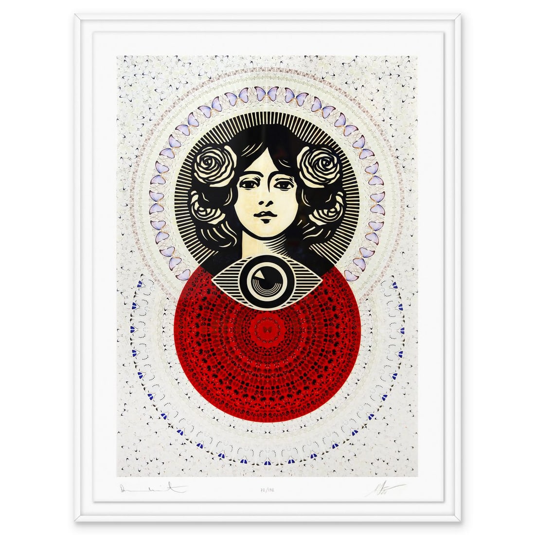 Damien Hirst & Shepard Fairey- Giclee on Smooth Cotton Rag "Third Eye Butterfly Mandala": Artist: Damien Hirst & Shepard Fairey. Medium: Giclee on Smooth Cotton Rag. Title: Third Eye Butterfly Mandala. Size: 39" x 29". Measures approx. 42" x 32" (framed). Signature: Hand signed and